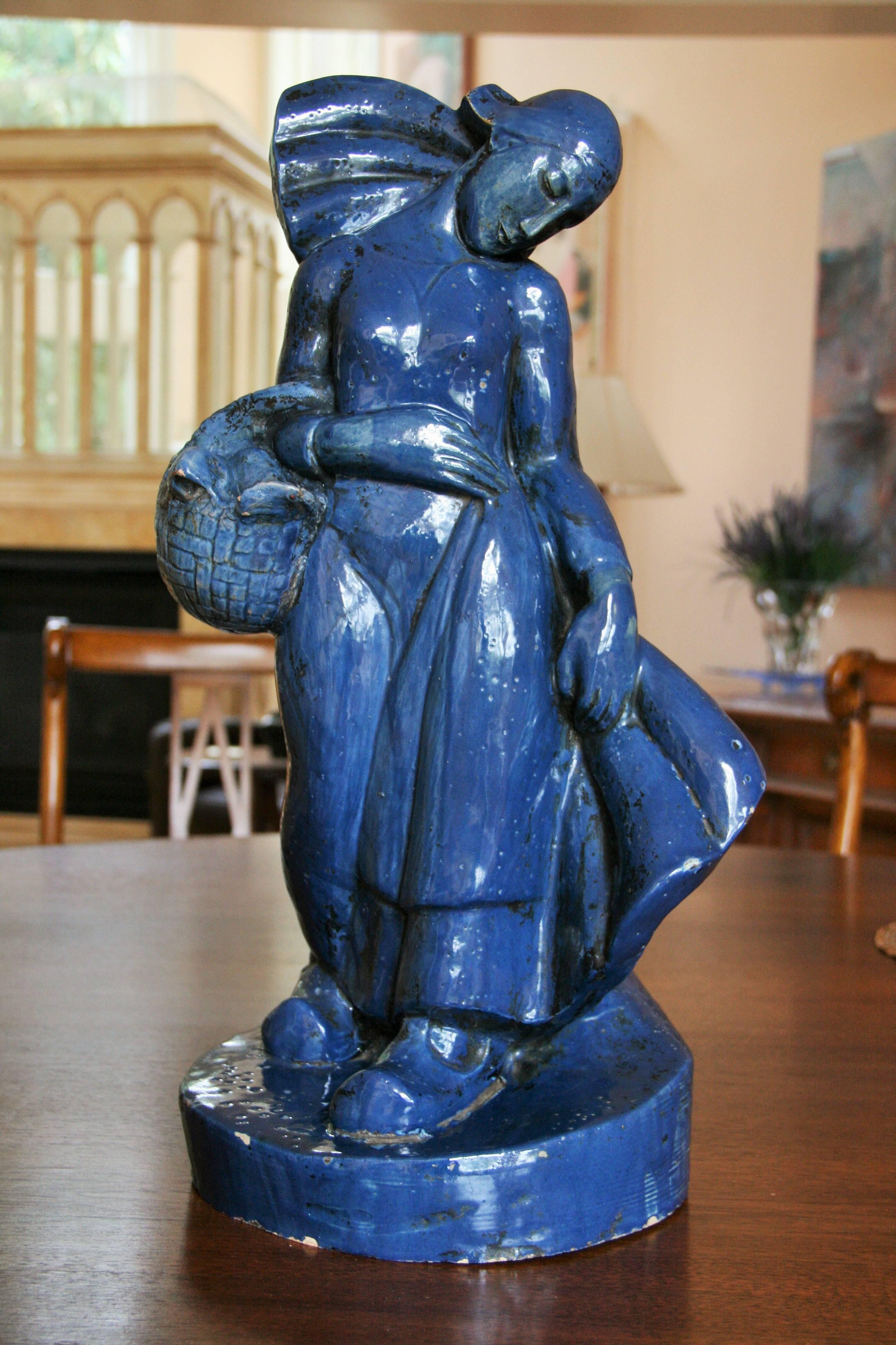 Unknown Figurative Sculpture - Italian Art Deco Female Figurative Blue Glazed Terracotta Sculpture