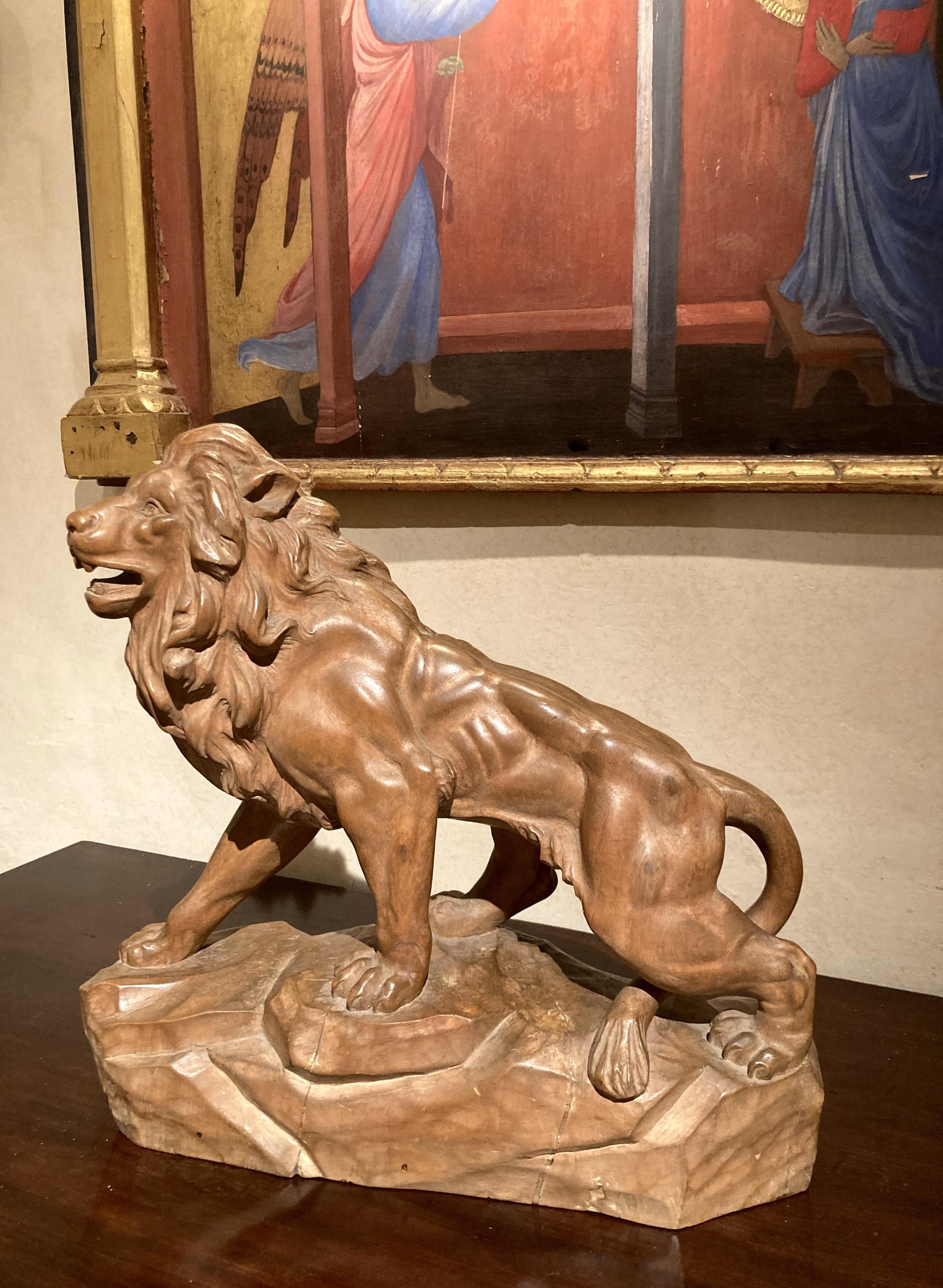 Italienische, großformatige, handgeschnitzte Löwen-Skulptur aus Holz (Braun), Still-Life Sculpture, von Unknown