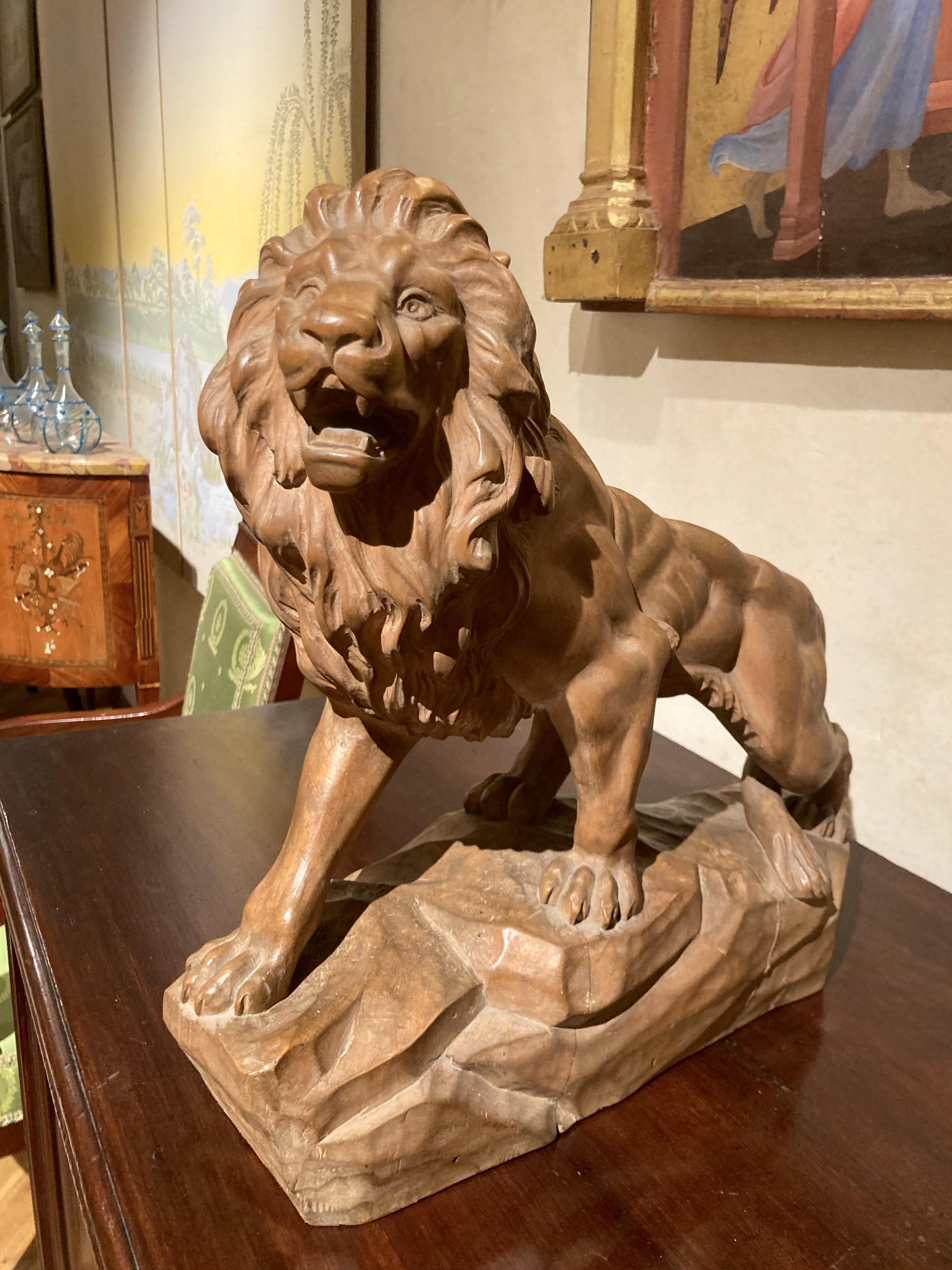 This 19th century big scale Italian animalier sculpure features a lion striding forward on a root-wood base, snarling with open mouth and expressive eyes enlivening its rippling mane with an extremely realistic sense of motion. The wooden statue,