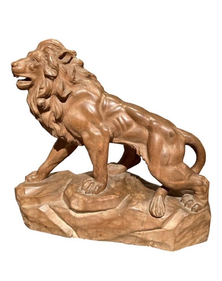 Unknown Still-Life Sculpture - Italian Big Scale Hand Carved Table Top Wood Lion Sculpture