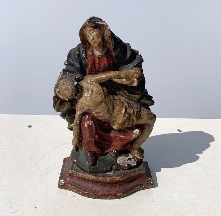 Unknown Italian Carved Painted Wood Sculpture, Piety Virgin, Italy