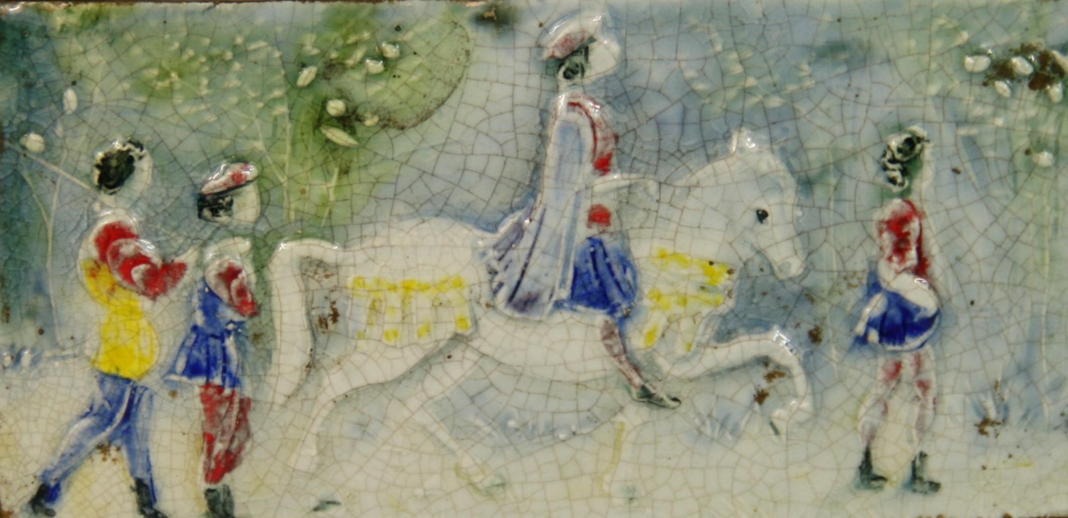Italian Hand Painted Ceramic Tile Renaissance Prince on Horseback - Sculpture by Unknown