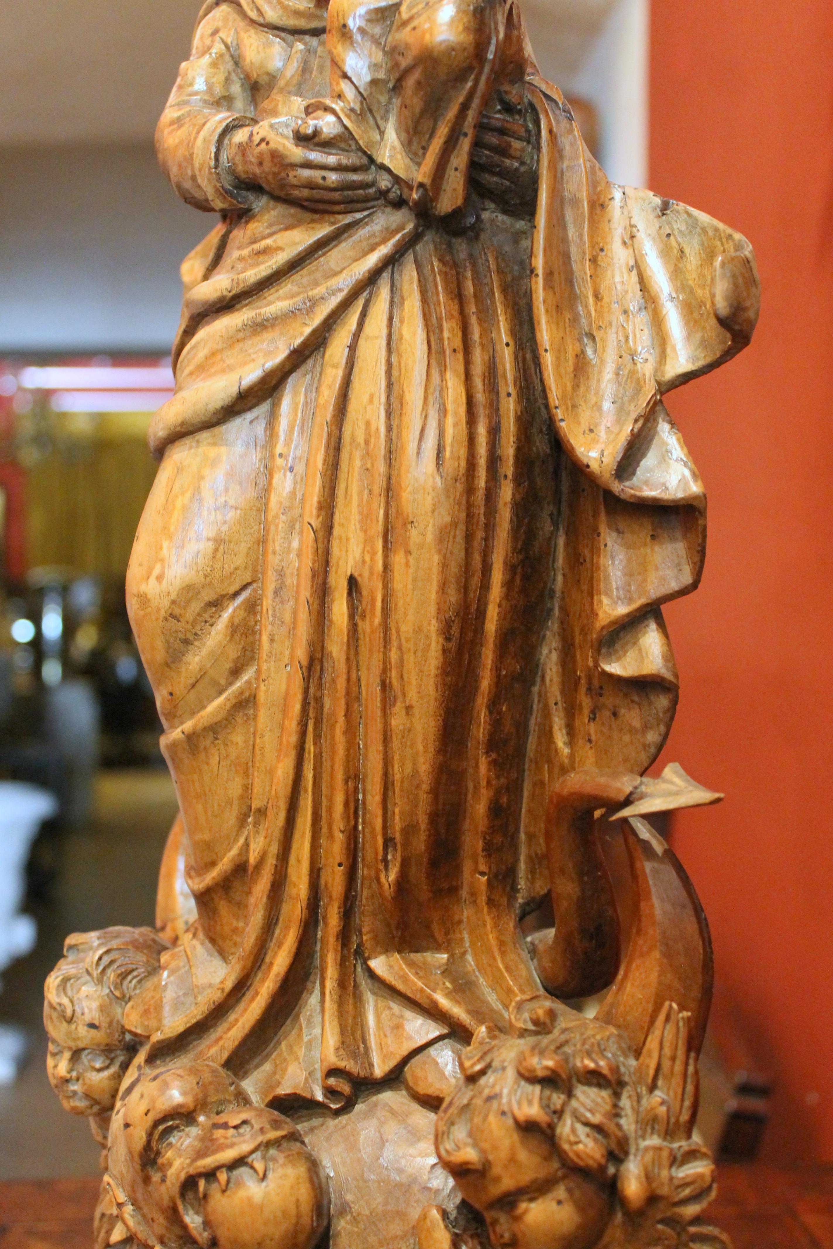 Italian Hand Carved Wood Madonna and Child on Crescent Moon Religious Sculpture 14