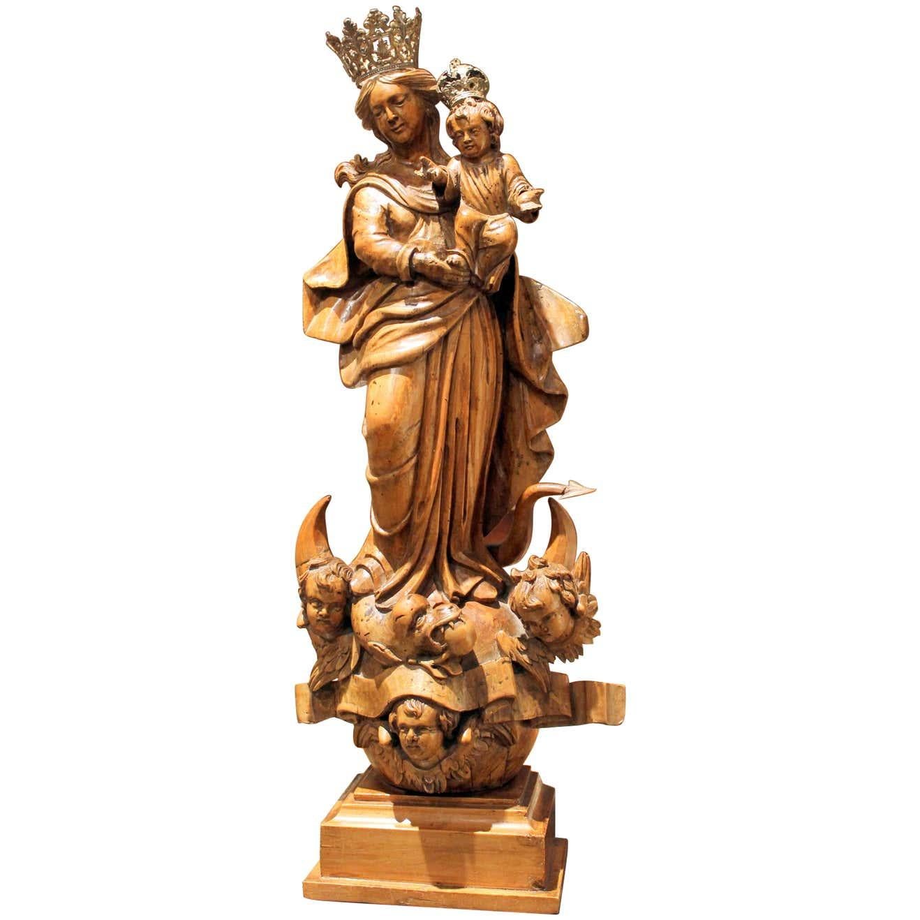 Unknown Figurative Sculpture - Italian Hand Carved Wood Madonna and Child on Crescent Moon Religious Sculpture
