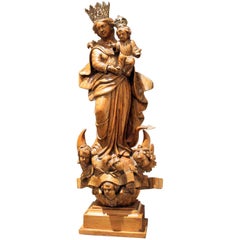 Italian Hand Carved Wood Madonna and Child on Crescent Moon Religious Sculpture