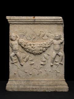 Italian Marble Relief with Putti Holding Garlands 16th Century