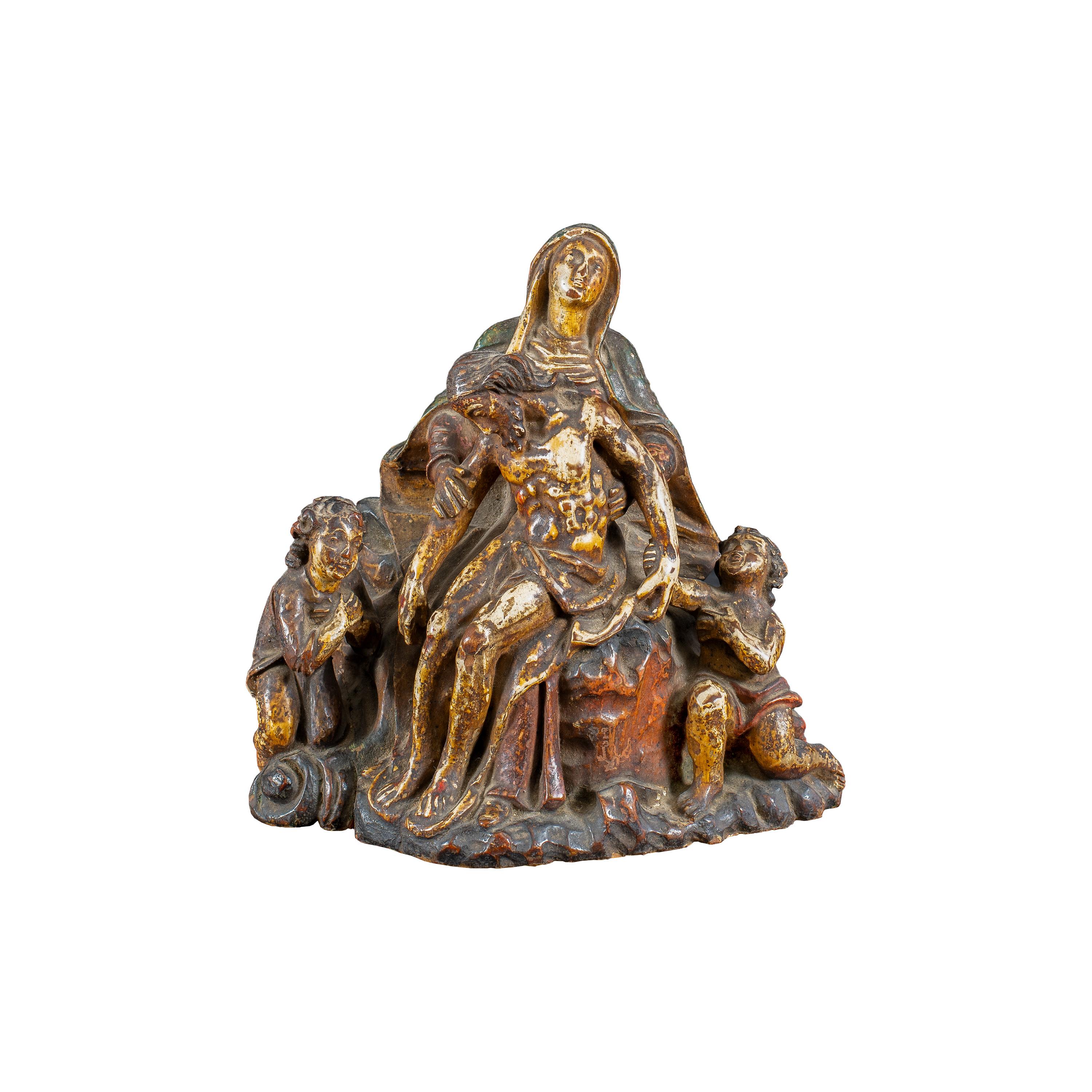 Figurative Sculpture Unknown - Master italien - Sculpture de figures du XVIIIe siècle - Trinité vierge - Peinture en bois sculpté