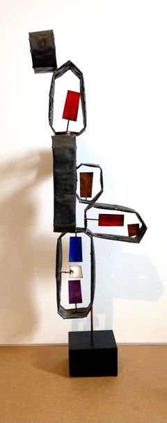 Italian Mid Century Mod Large Brutalist Welded Copper Enamel Sculpture Wood Base