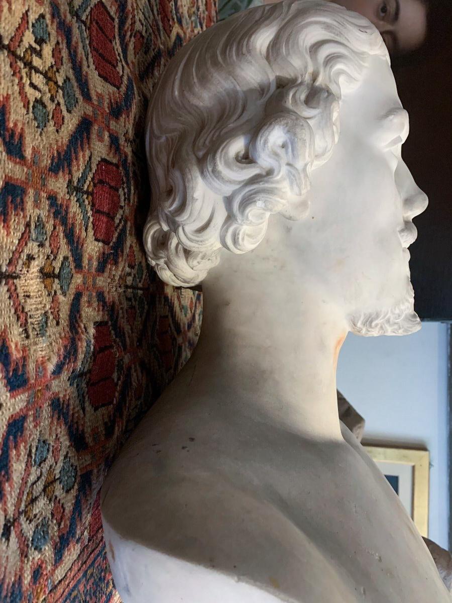 Italian Mid 19th century White Carrara Marble bust. Portrait of young male. For Sale 7