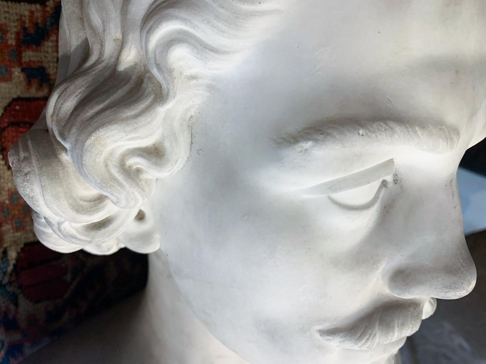 Italian Portrait White Marble Bust in a Heroic Attitude.
Carrara statuary Marble.
Tuscan school.
Circa 1850. 
Bust depicting a young man with bare shoulders.
This model draws inspiration from the neoclassical era, with idealizations and heroic