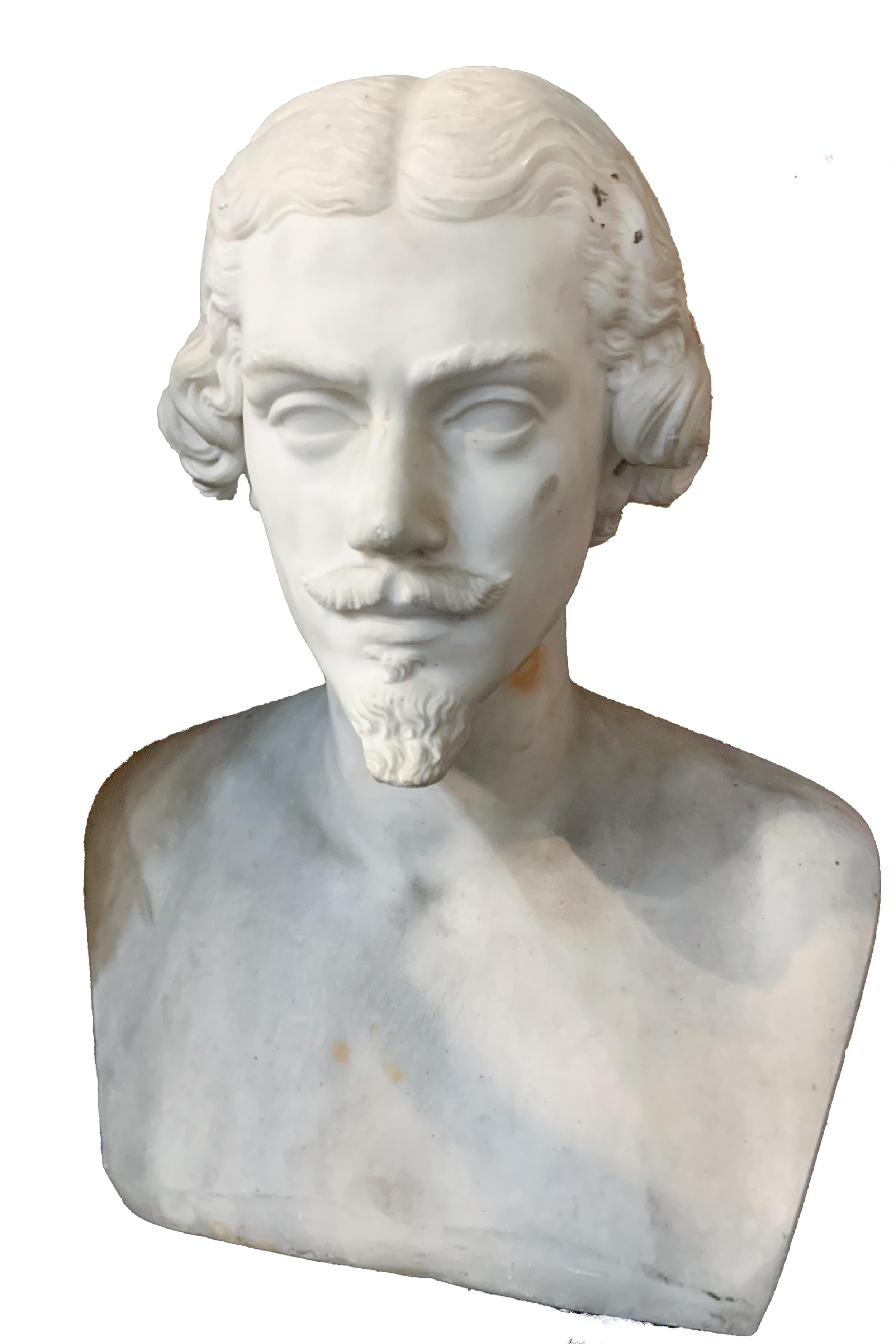 Italian Mid 19th century White Carrara Marble bust. Portrait of young male.