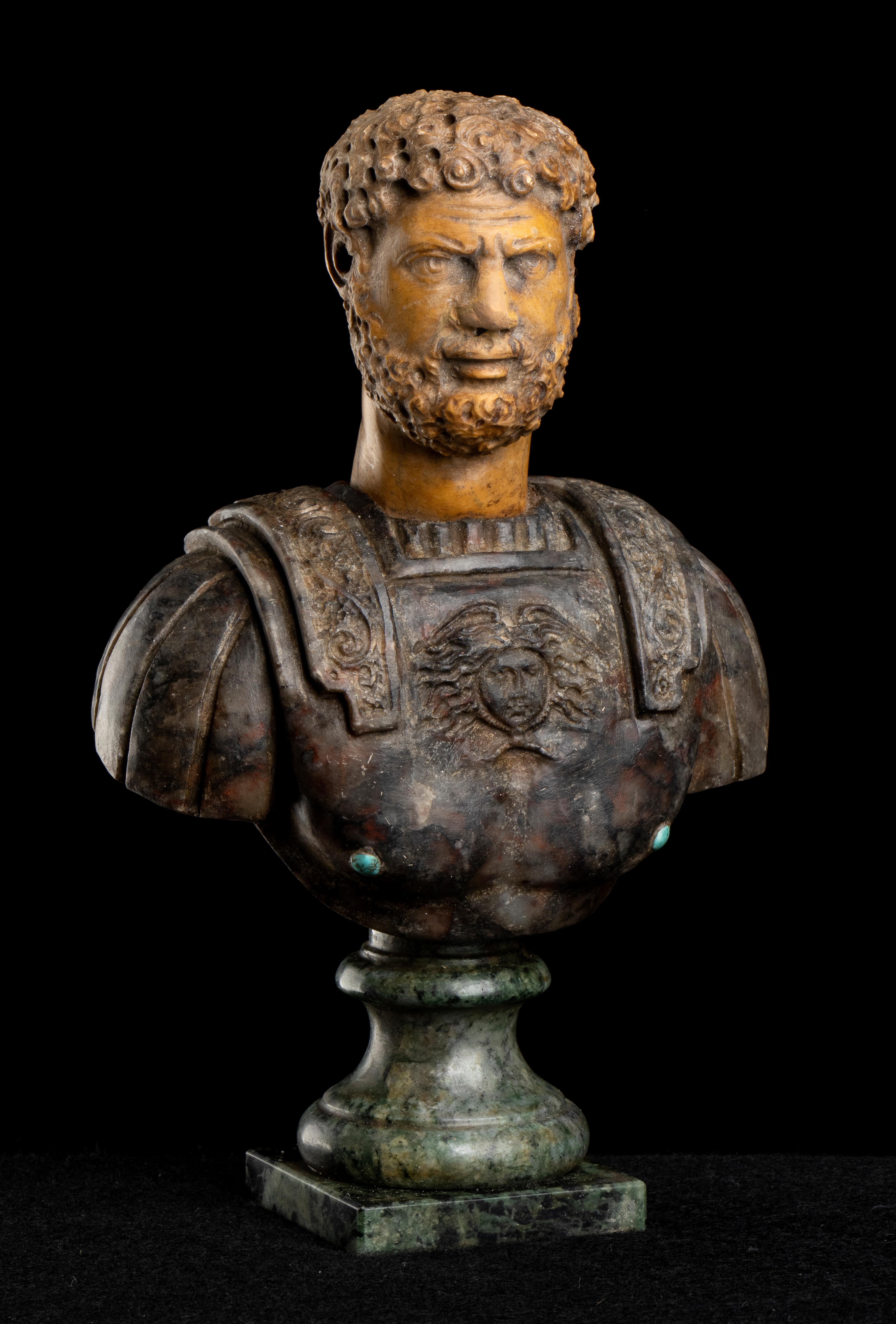 A very interesting Italian polychrome marble sculpture bust of roman emperor Hadrian Grand Tour. The marbles used are specimen and rare marbles, the head in Giallo antico latin name 