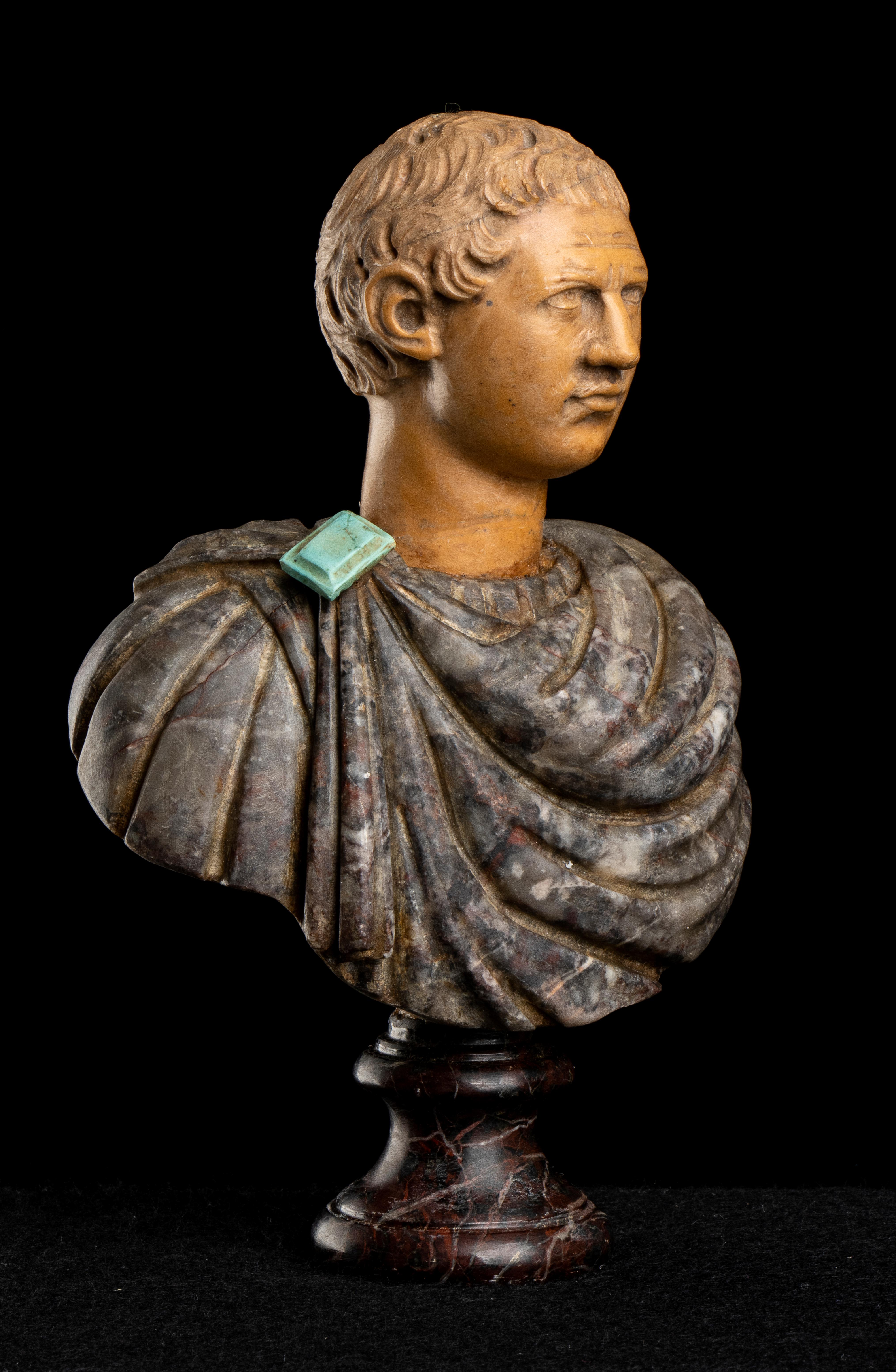 A very interesting Italian polychrome marble sculpture bust of roman emperor Tiberius Grand Tour. The marbles used are specimen and rare marbles, the head in Giallo antico latin name 