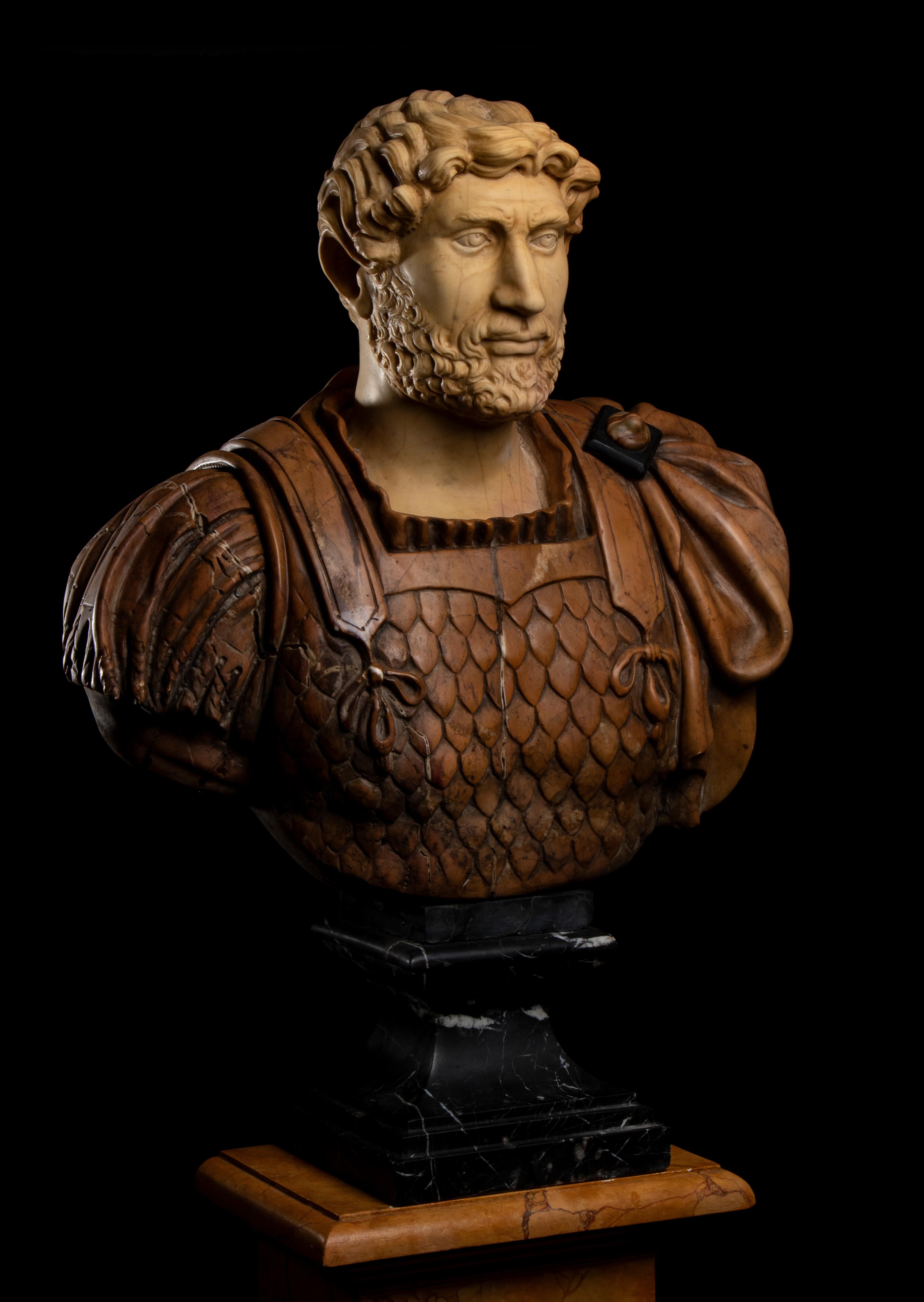 Italian Polychrome Marble Sculpture Portrait Roman Emperor Hadrian Classical For Sale 1
