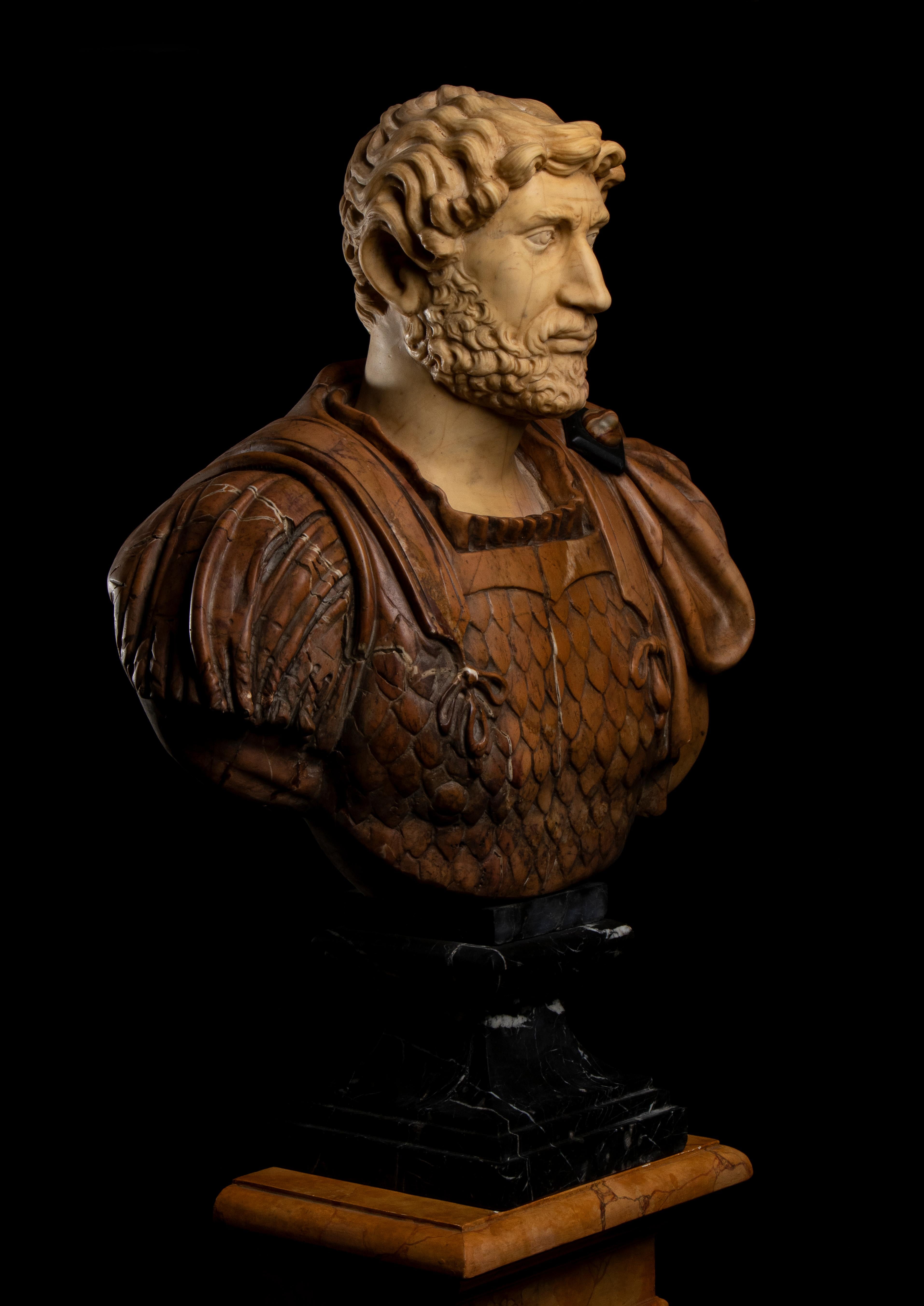 Italian Polychrome Marble Sculpture Portrait Roman Emperor Hadrian Classical For Sale 2