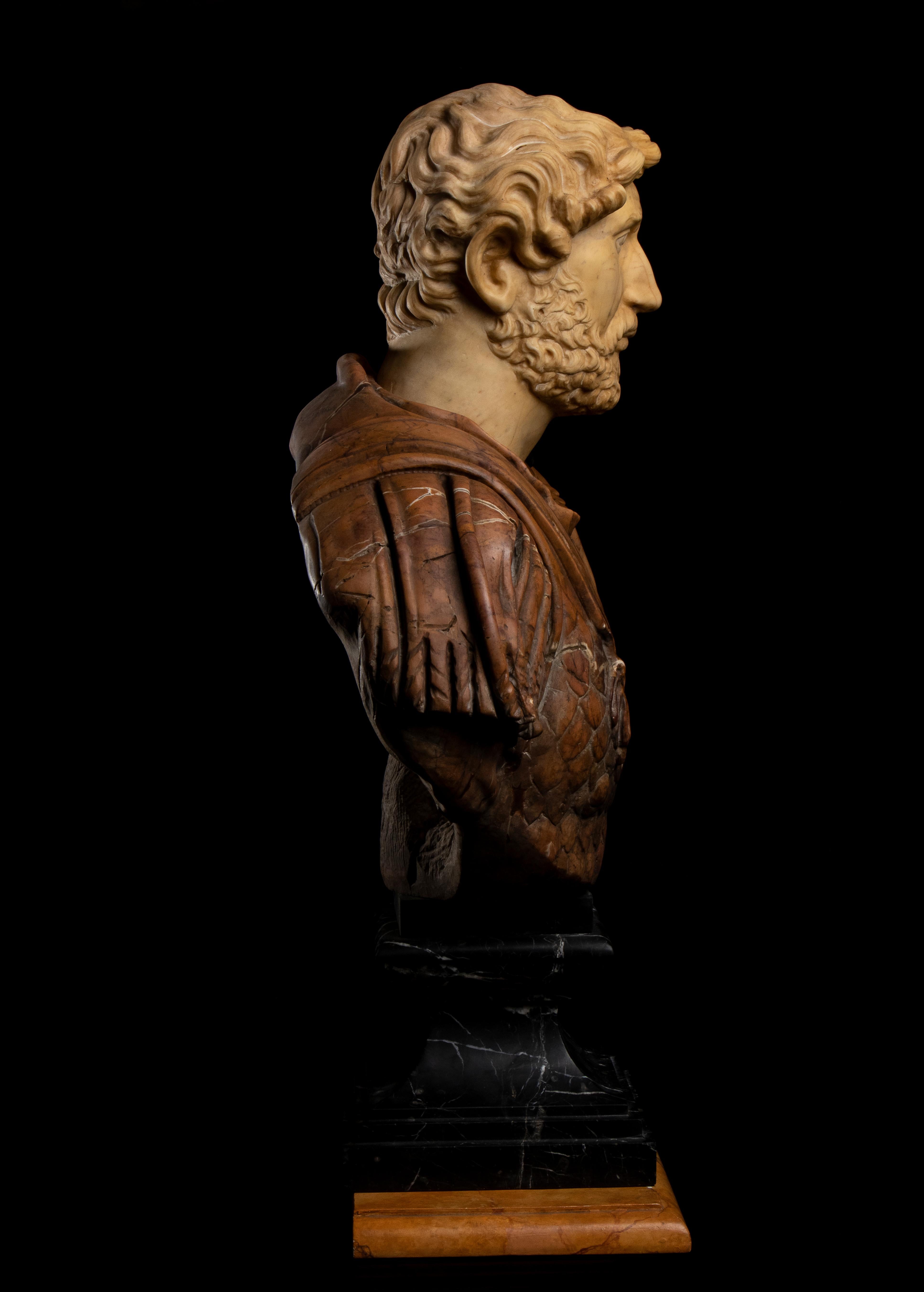 Italian Polychrome Marble Sculpture Portrait Roman Emperor Hadrian Classical For Sale 6