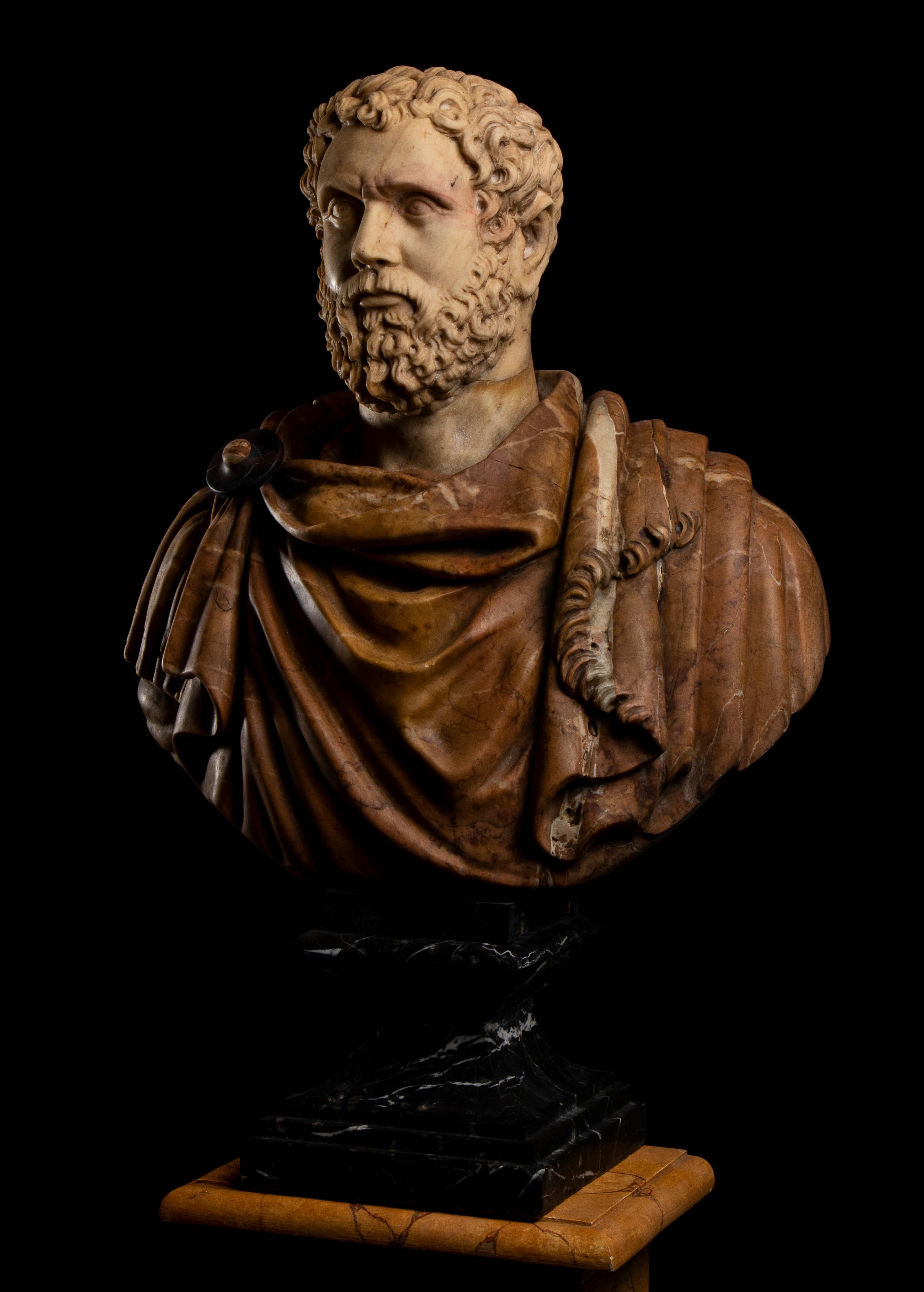 Italian Polychrome Marble Sculpture Portrait Roman Emperor Septimius Severus For Sale 1