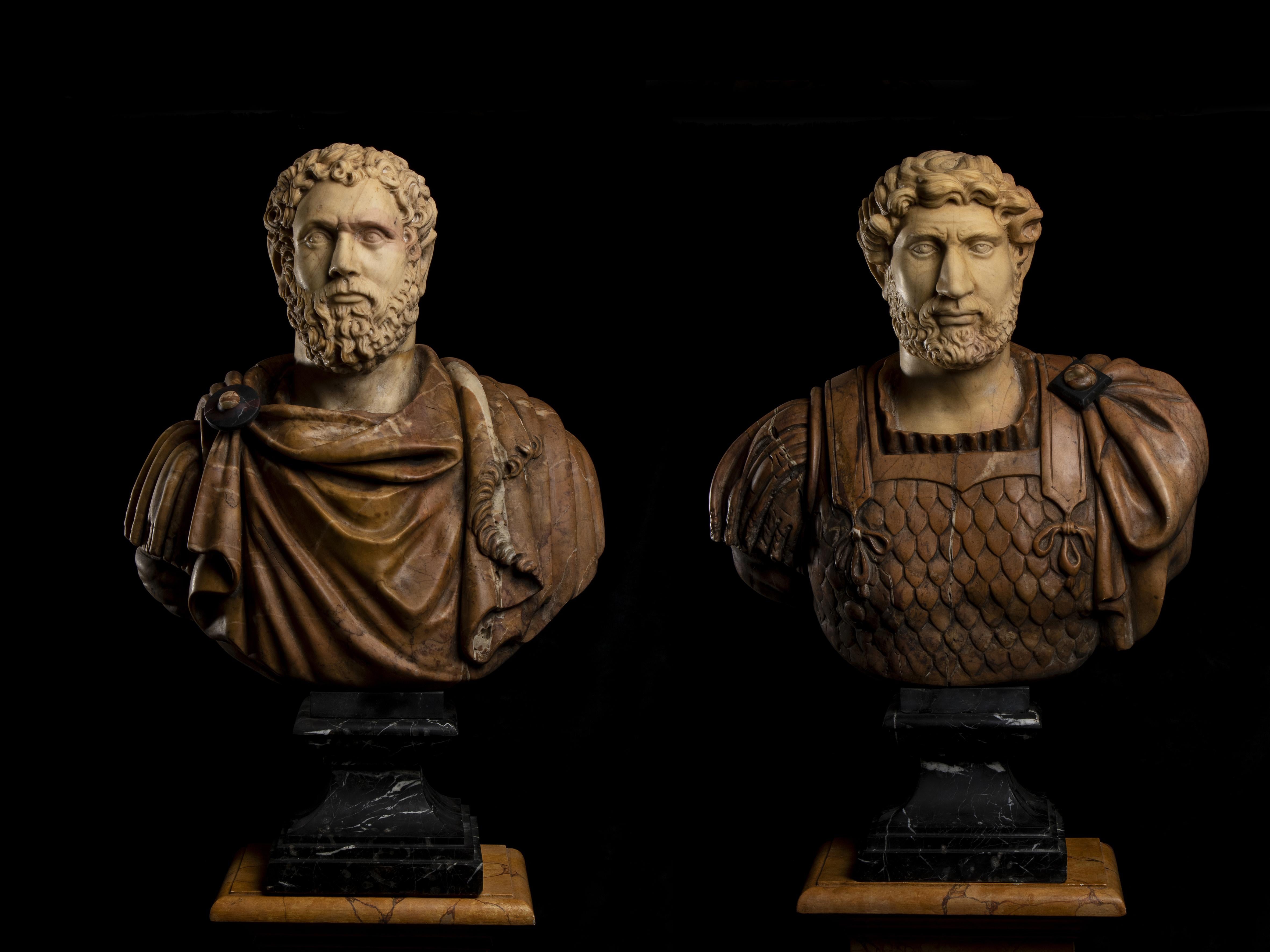 Italian Polychrome Pair Marble Sculptures Portraits Roman Emperors Classical For Sale 1