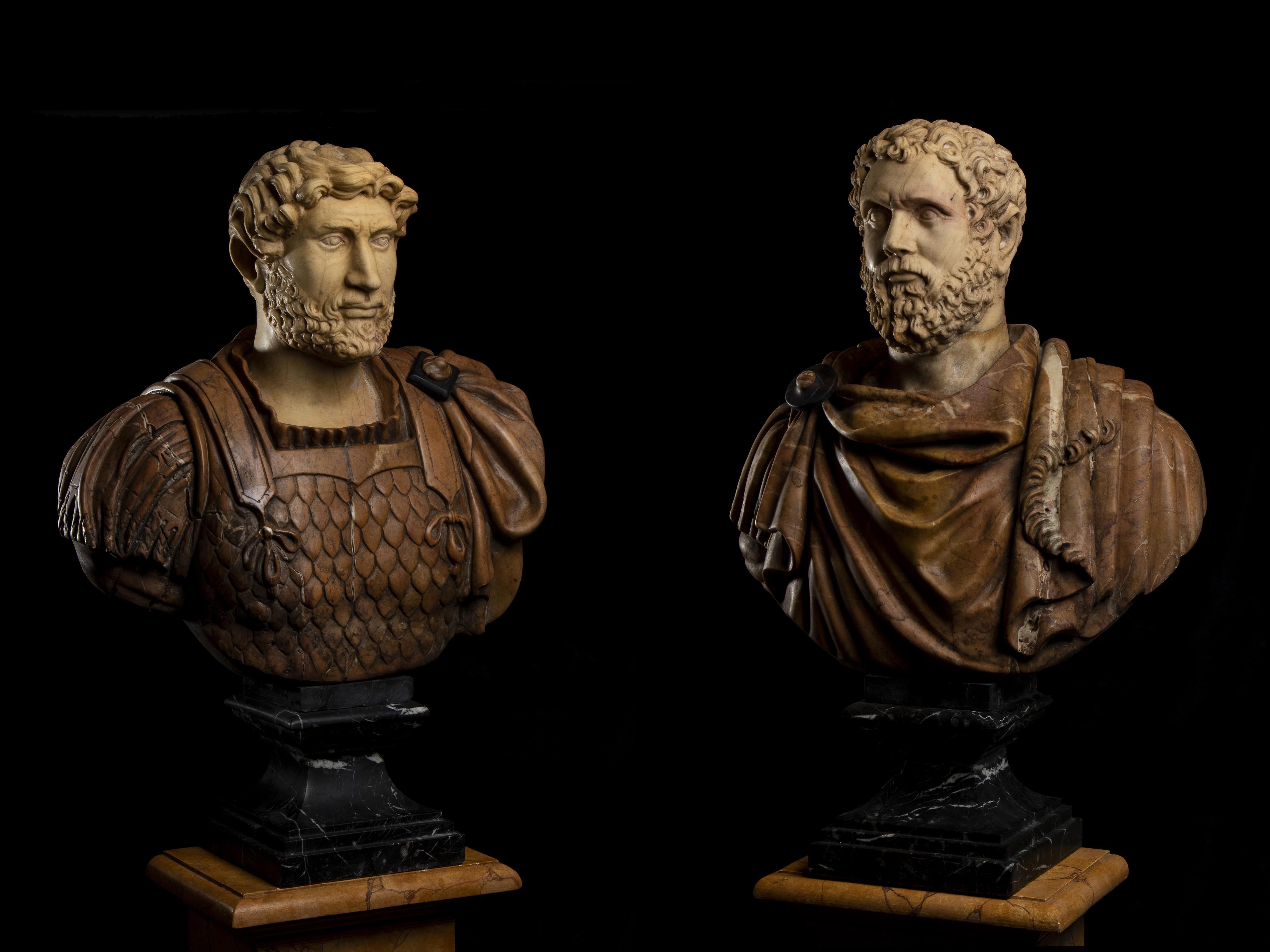 An impressive and detailed pair of marble busts sculptures of the Roman emperors Septimius Severus and Hadrian, carved in Polychrome specime marbles in a classical roman style in central Italy, in the 20th Century . Interesting is the selection of