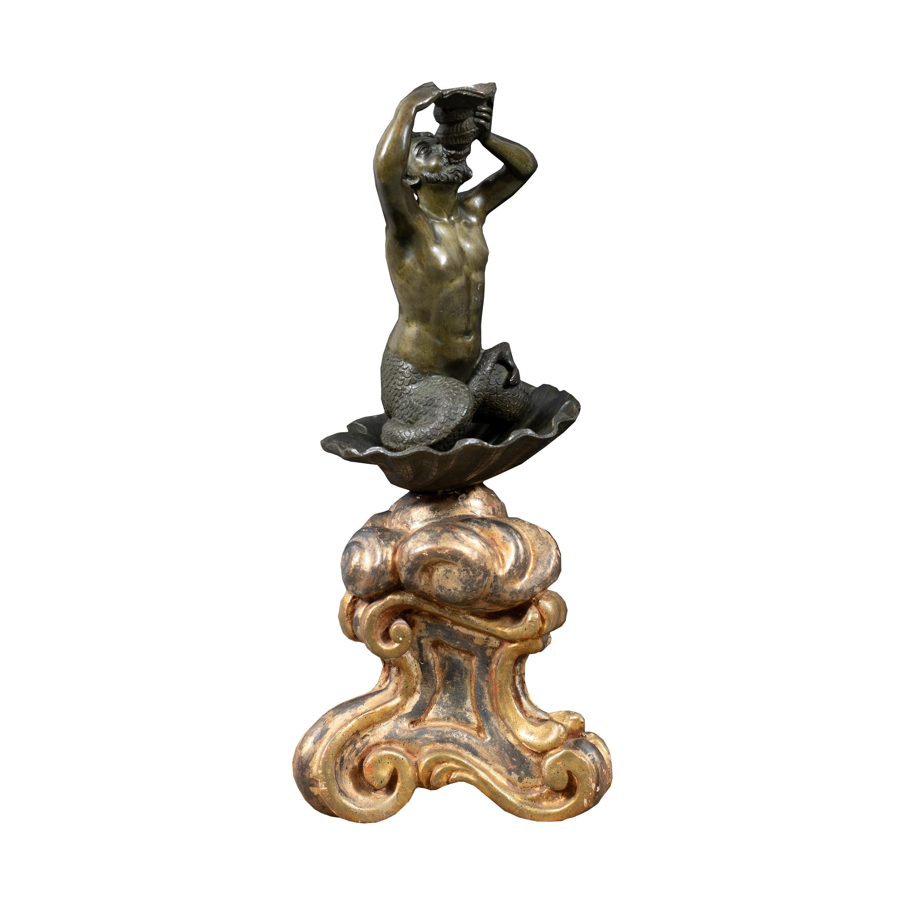 Unknown Figurative Sculpture - Italian sculptor - 17th-18th century bronze Triton playing a conch shell