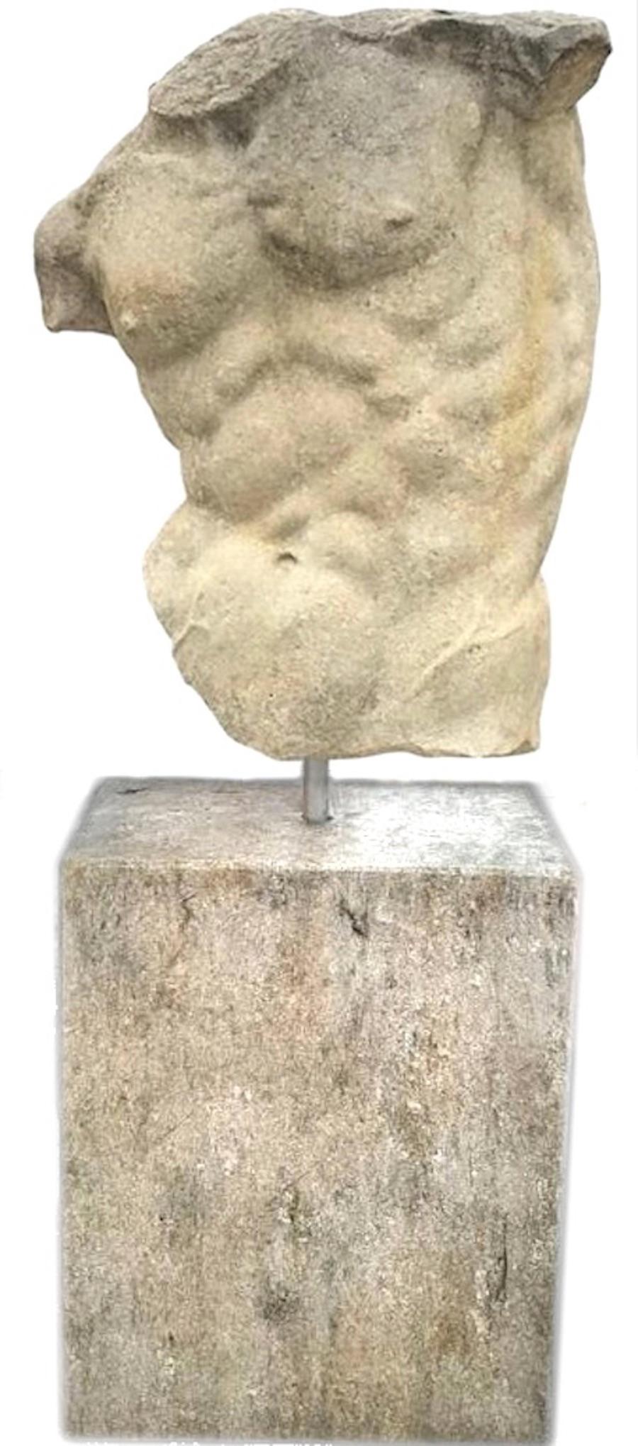 Italian Stone Sculpture of Classical Torso with Base - Beige Figurative Sculpture by Unknown