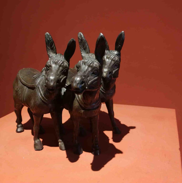 Unknown Italian Tre Donkeys Lucky charm bronze statue 19 century For