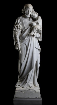 Antique Italian White Marble Statuary Sculpture Of Saint Jospeh With Jesus Christ 19th 