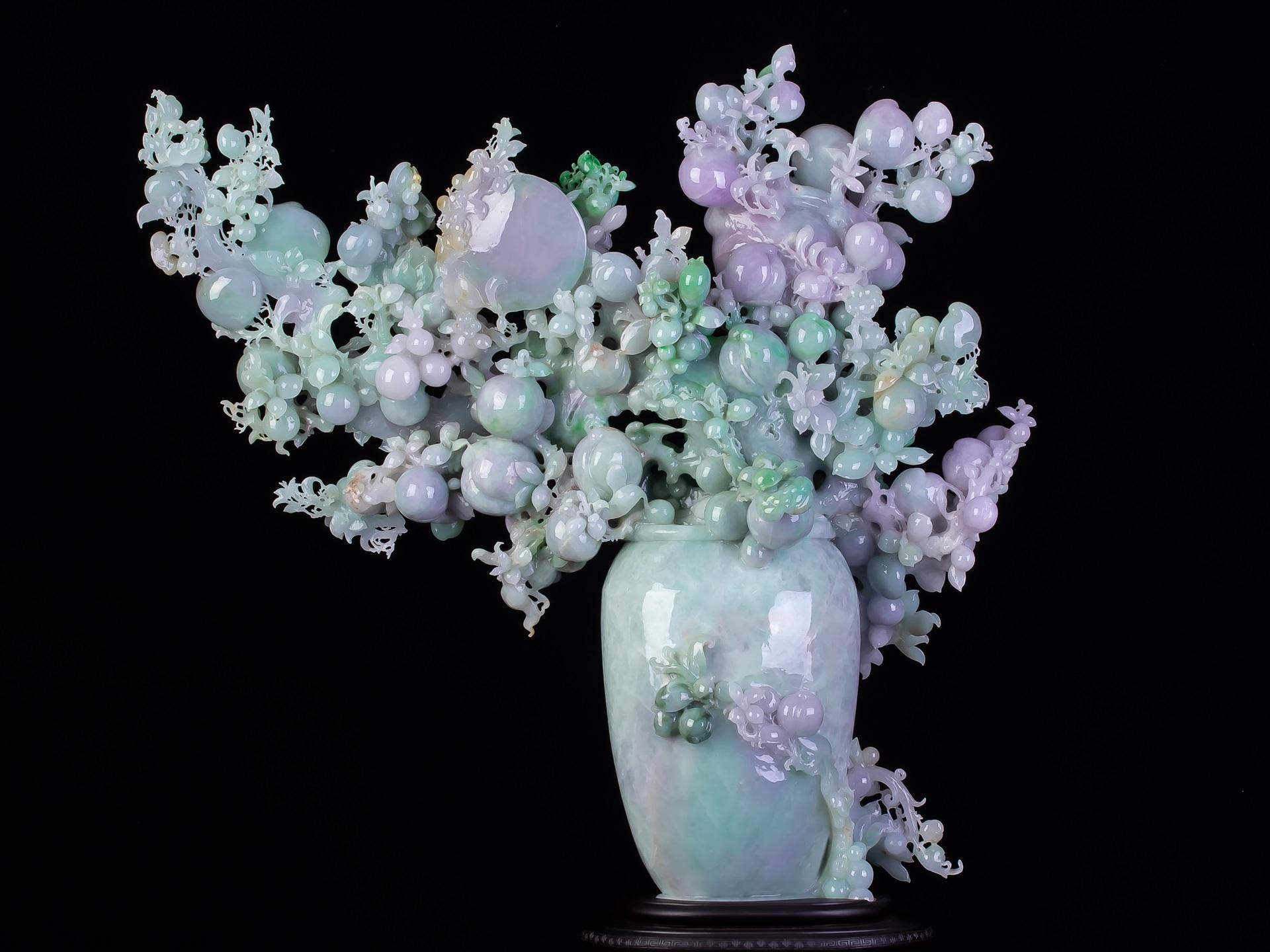Jadeite Jade Flower Vase Carving - Sculpture by Unknown