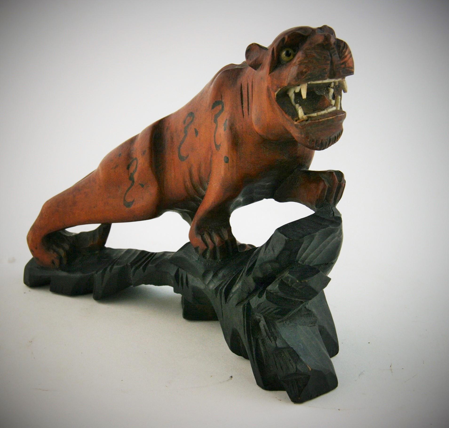 Japanese Carved Boxwood  Tiger Sculpture circa 1920 - Brown Figurative Sculpture by Unknown