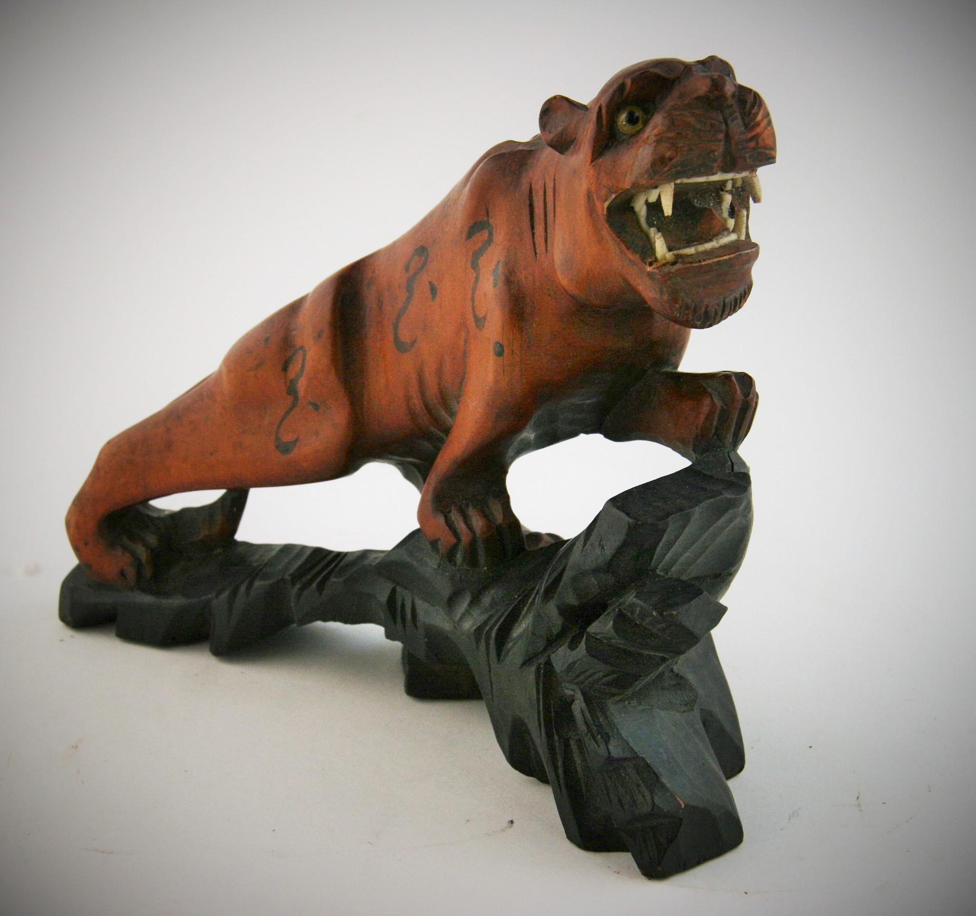 Unknown Figurative Sculpture - Japanese Carved Boxwood  Tiger Sculpture circa 1920