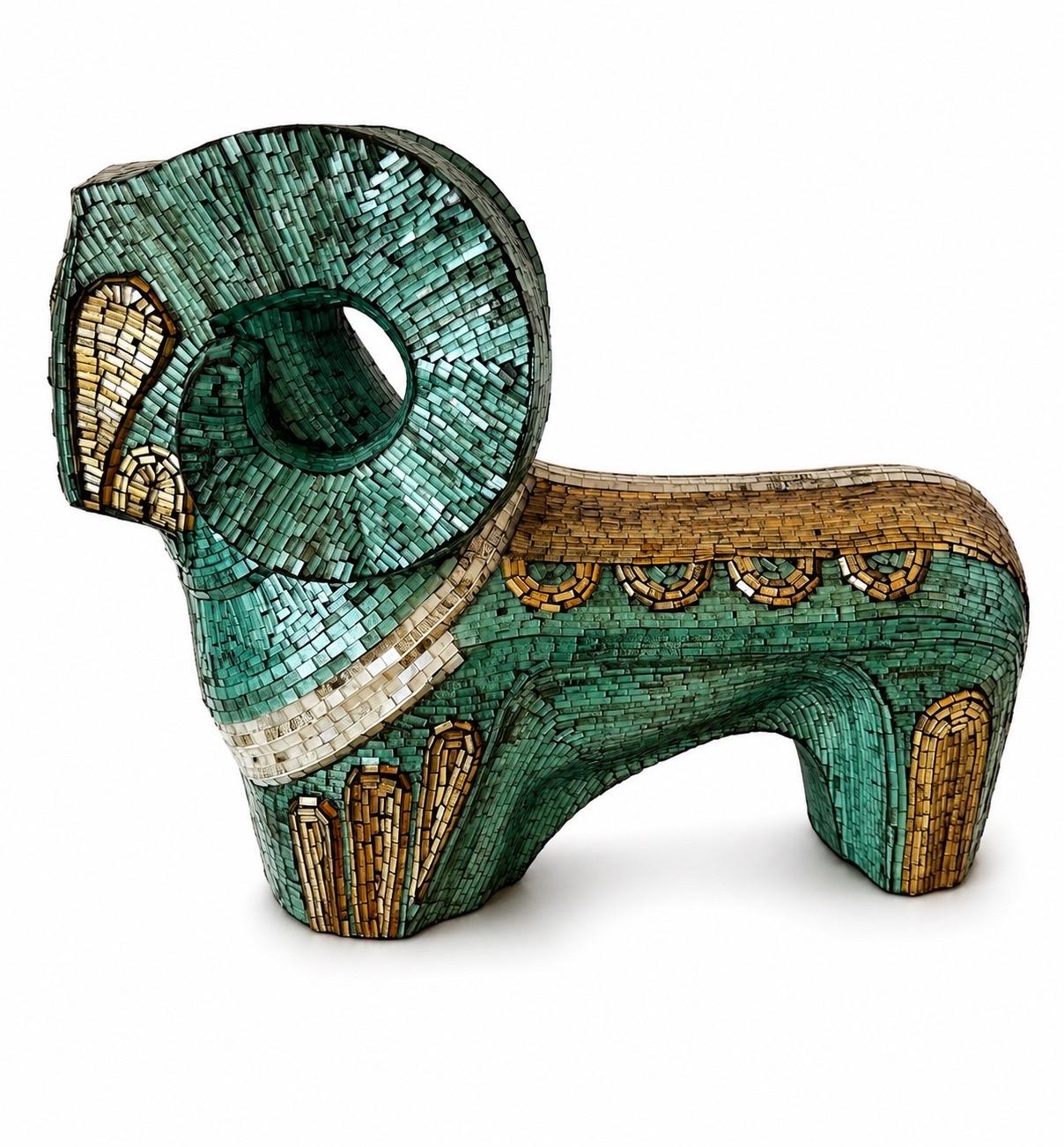 Unknown Figurative Sculpture - Jobi Glass Mosaic Ram Sculpture, 1970's Latin Art, Craft Handmade, Modern
