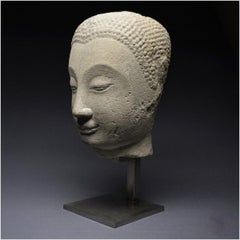 Large 17th century, Sandstone Buddha Head from Thailand, Ayutthaya Kingdom
