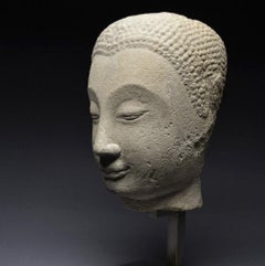 Antique Large 17th century, Sandstone Buddha Head from Thailand, Ayutthaya Kingdom