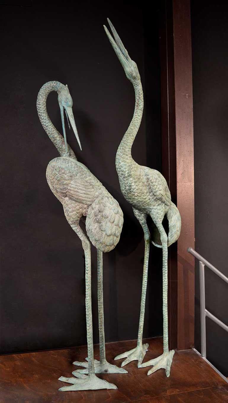Unknown Figurative Sculpture - Large bronze verdigris cranes water feature