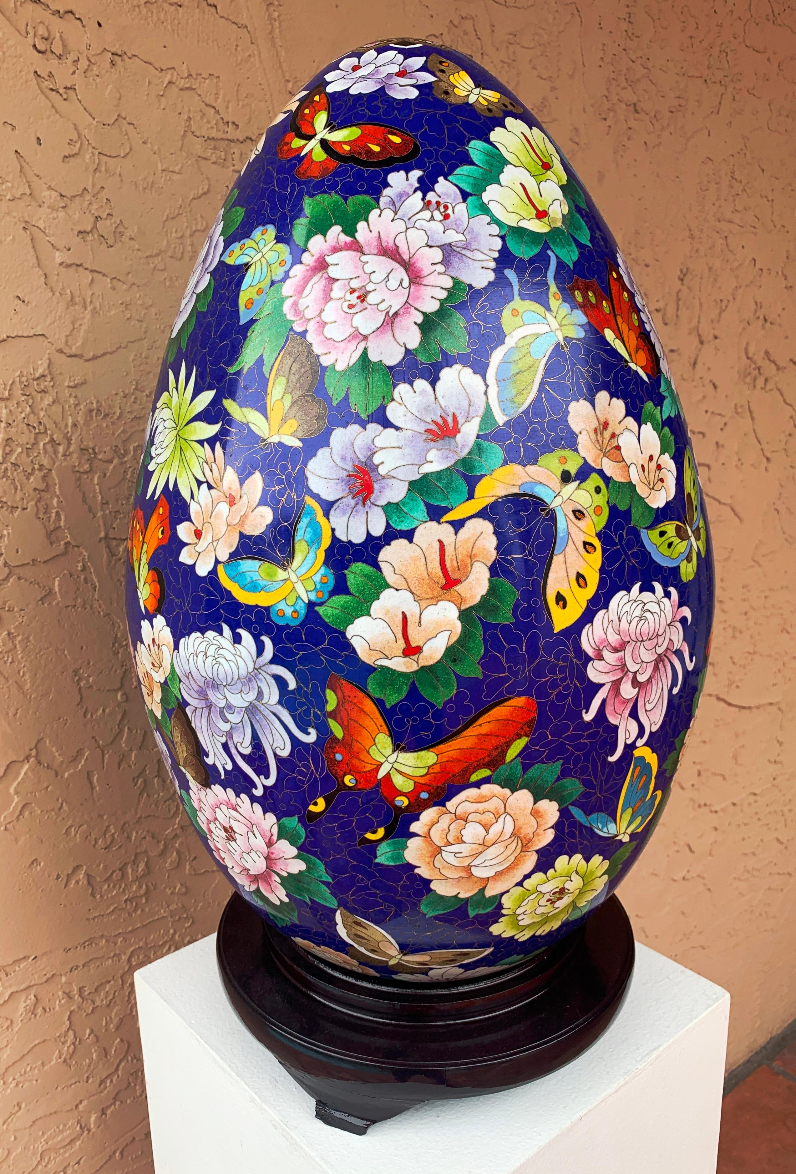 Unknown Still-Life Sculpture - Large Cloisonné Eggs Set of 2 Blue & Red with Birds Flowers