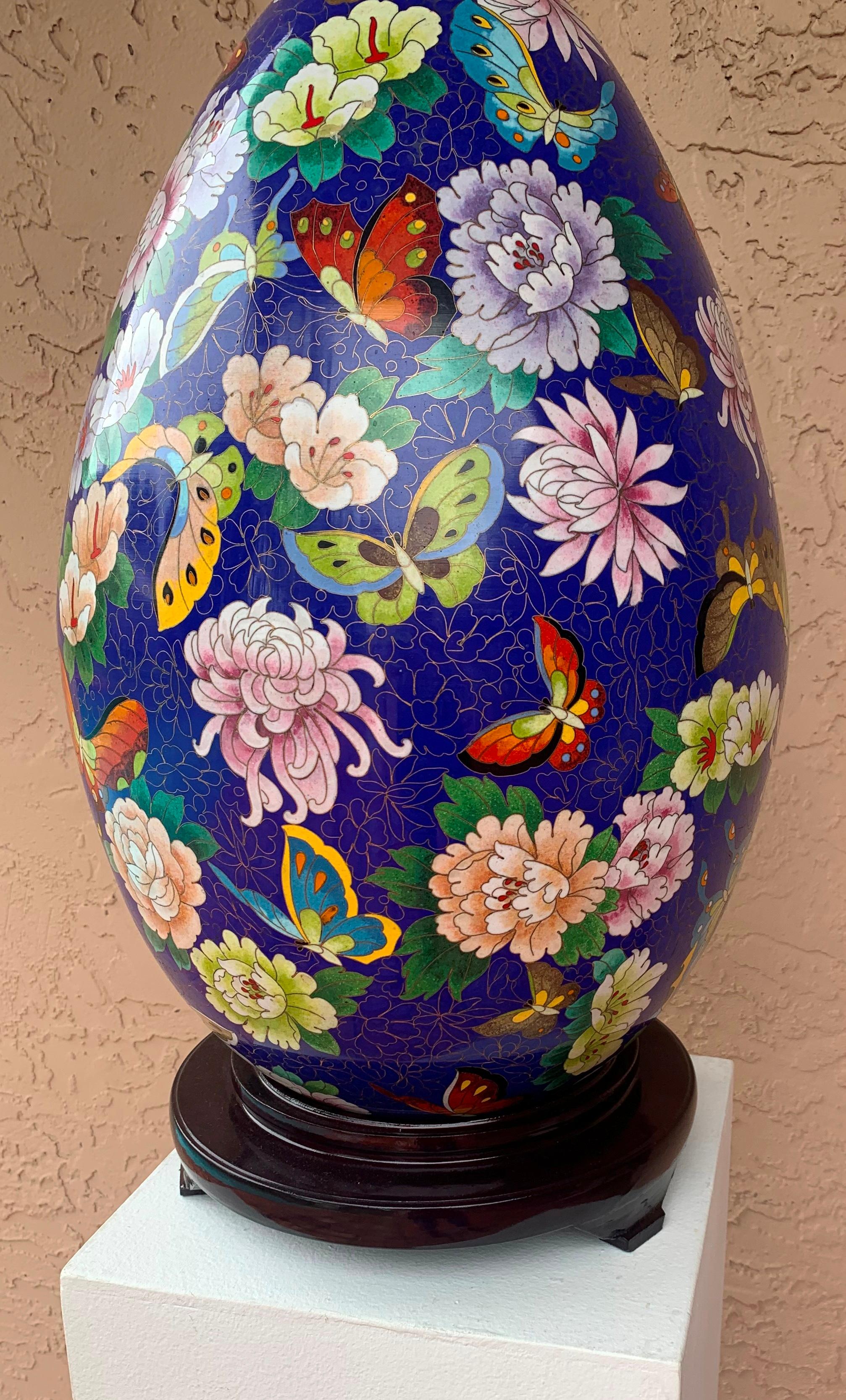 Large Chinese Cloisonné Eggs Set Blue & Red with Birds Flowers with Base - Brown Still-Life Sculpture by Unknown