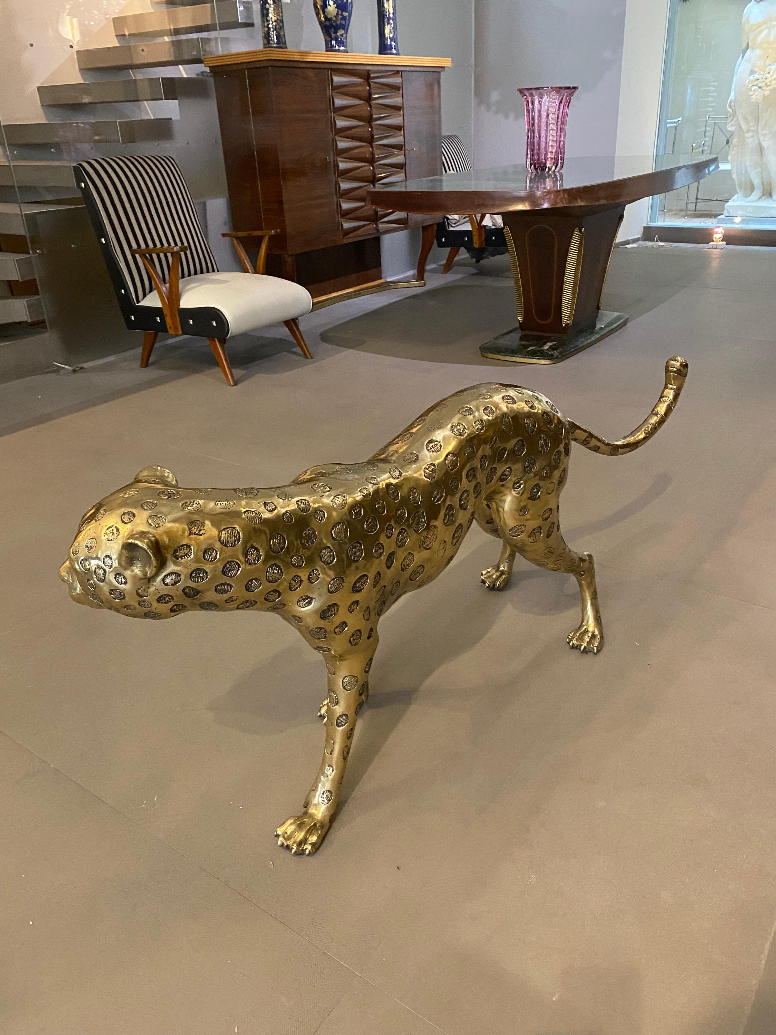 Large Gilt Bronze Sculpture of Leopard - Brown Figurative Sculpture by Unknown