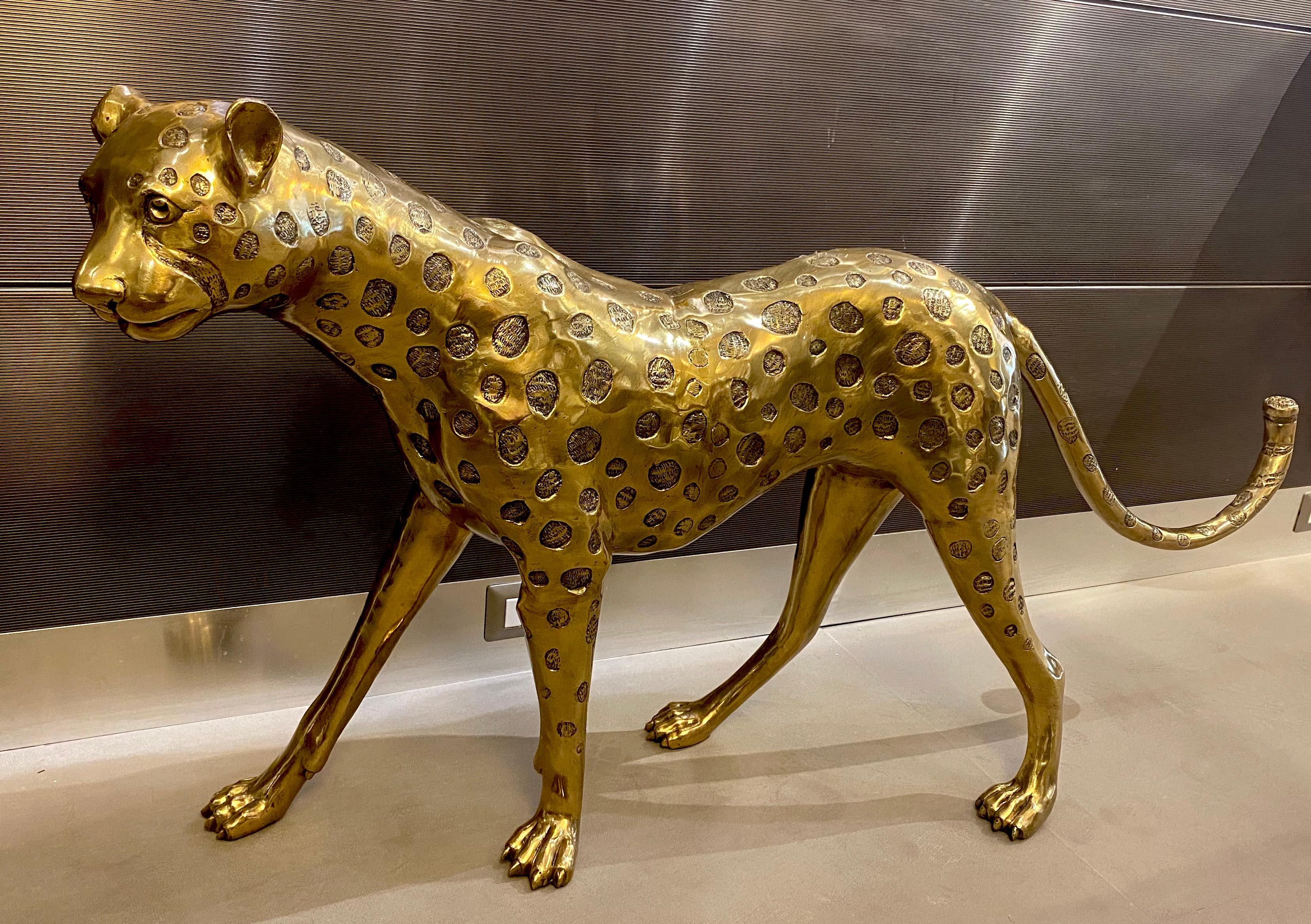 Large Gilt Bronze Sculptures of Leopards - Gold Figurative Sculpture by Unknown