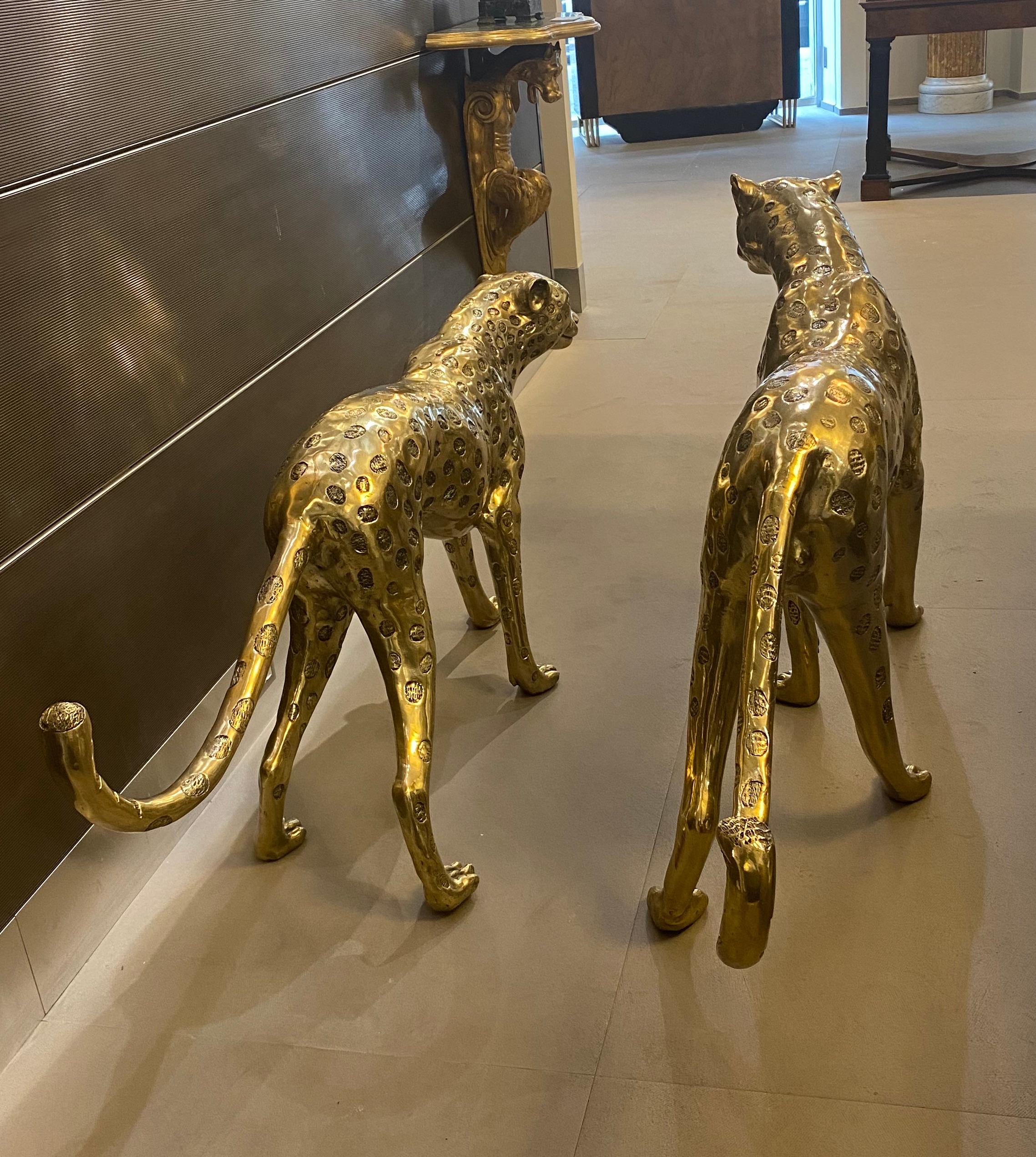 Large Gilt Bronze Sculptures of Leopards For Sale 2
