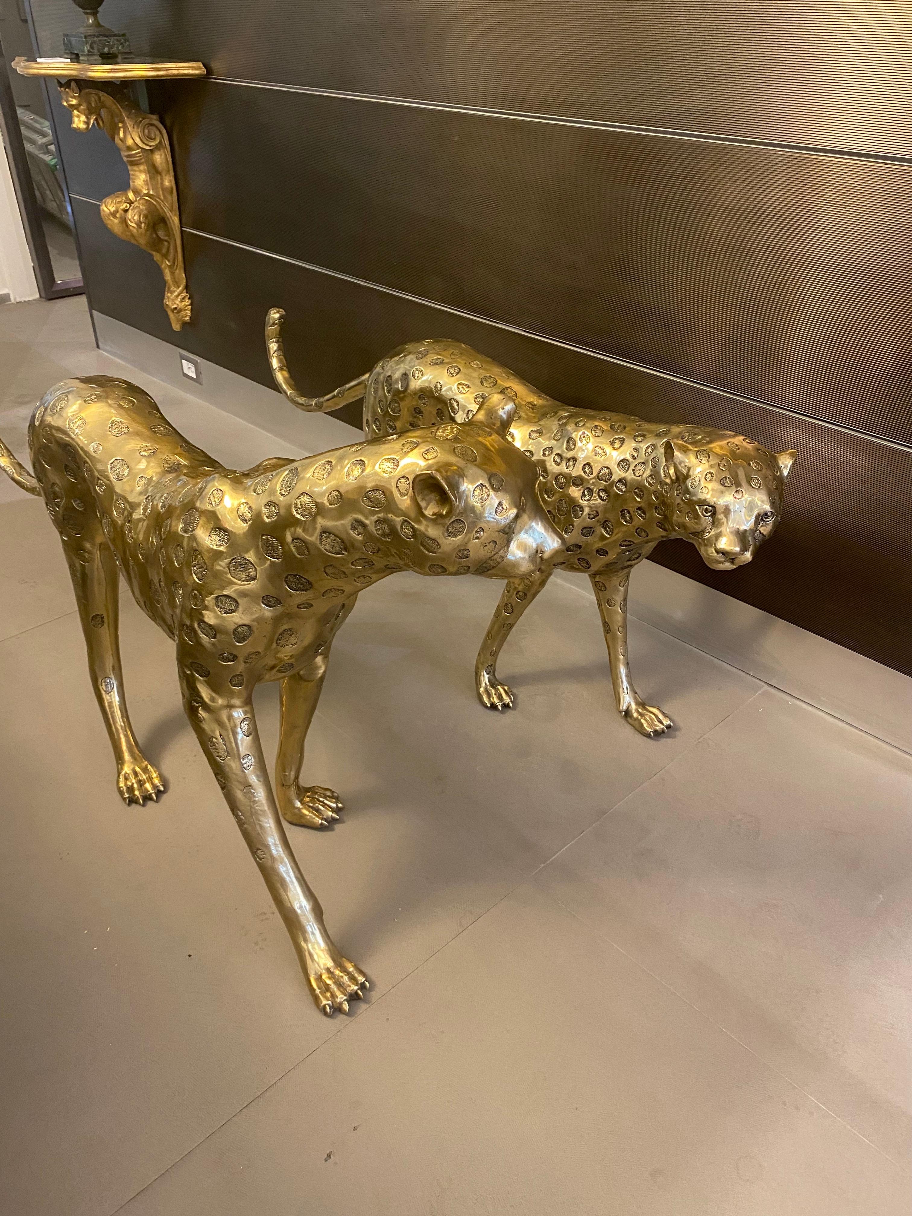Large Gilt Bronze Sculptures of Leopards For Sale 3