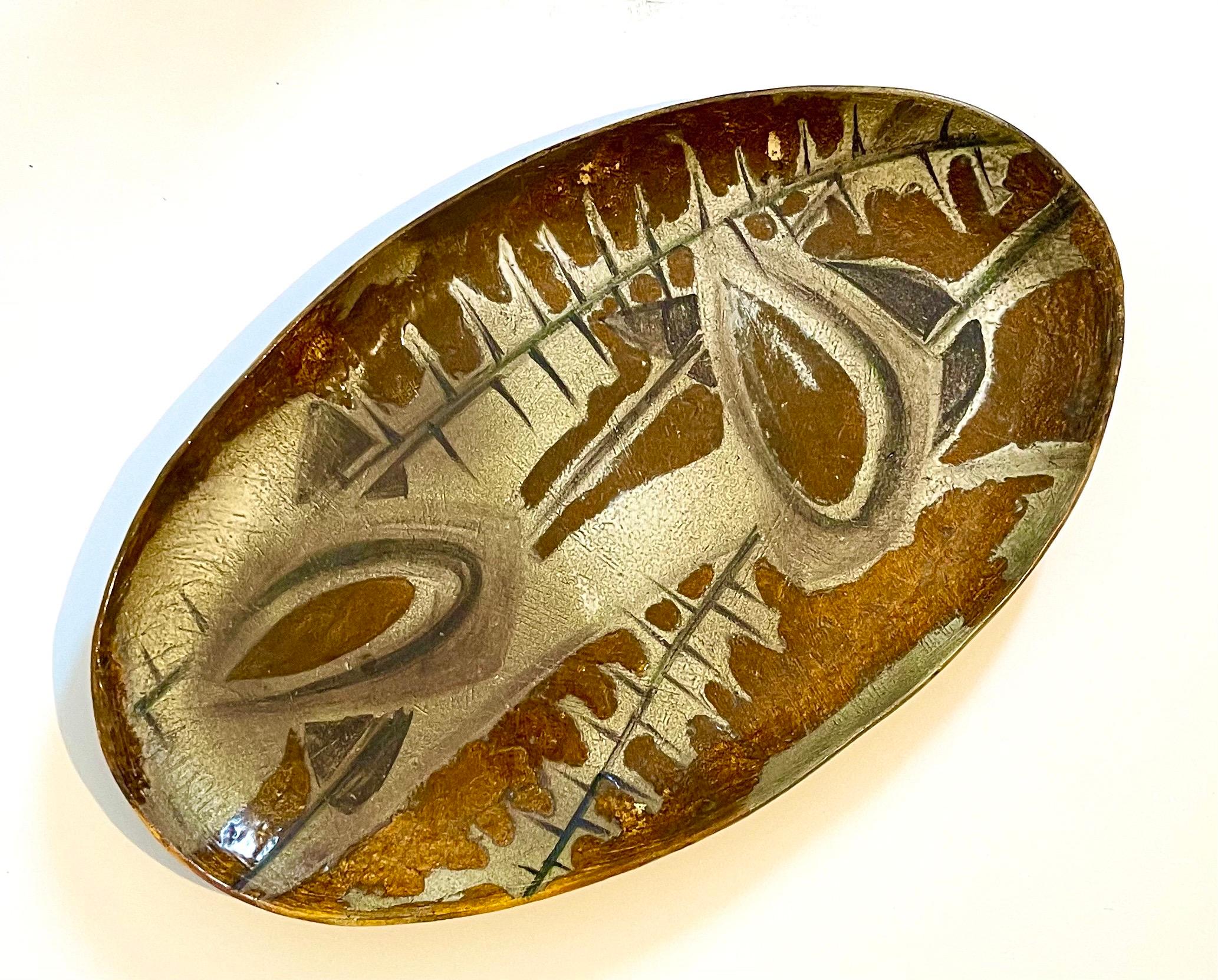 Gran Plato de Cerámica Abstracta Pintado a Mano Estampado Madoura Plein Feu Brutalista