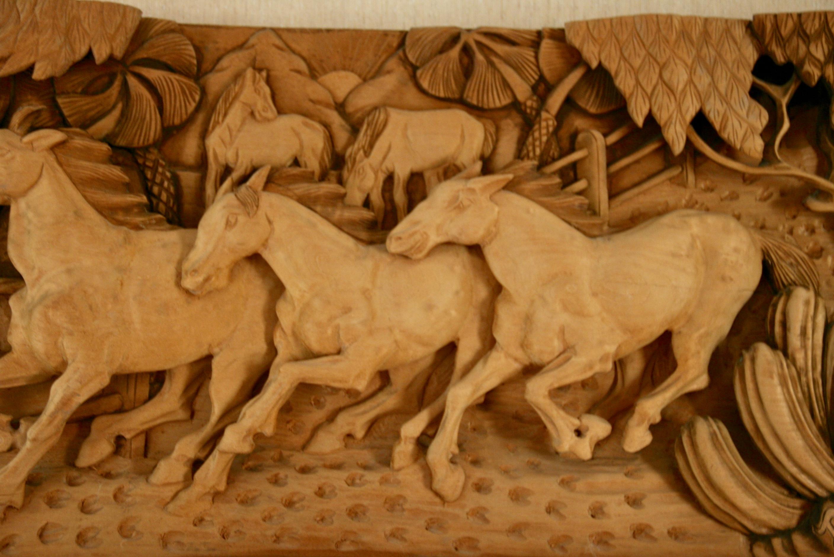 #9-500 A Large Scale  of Western Wood Sculpture ,a fine wood sculpture of  horses in a western  ranch,signed lower right by Dede '88