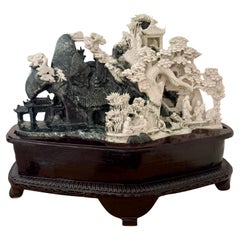 Large Vintage Chinese Jade Carving with Mountains Blooming Trees
