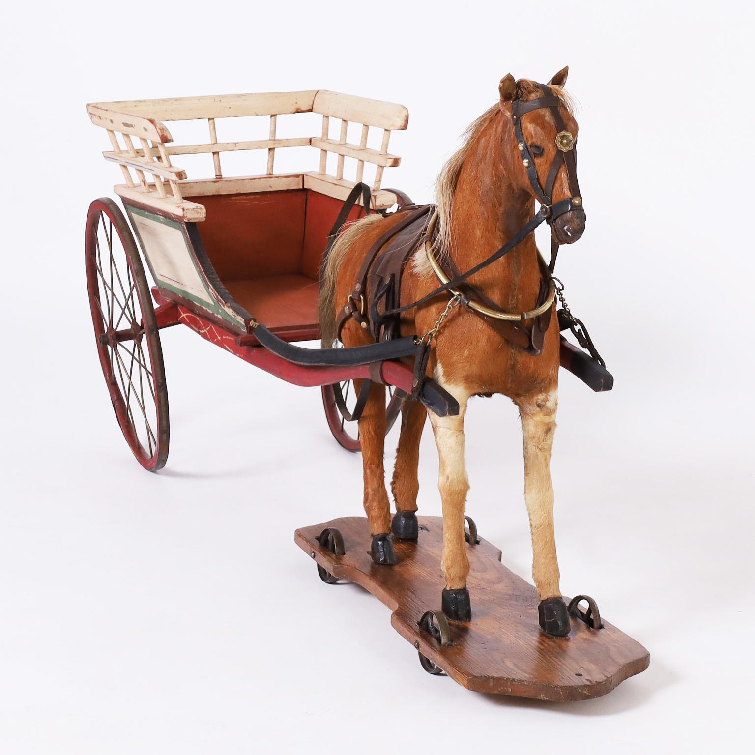 Grand cheval et charrette en jouet Vintage - Artisanat Sculpture par Unknown