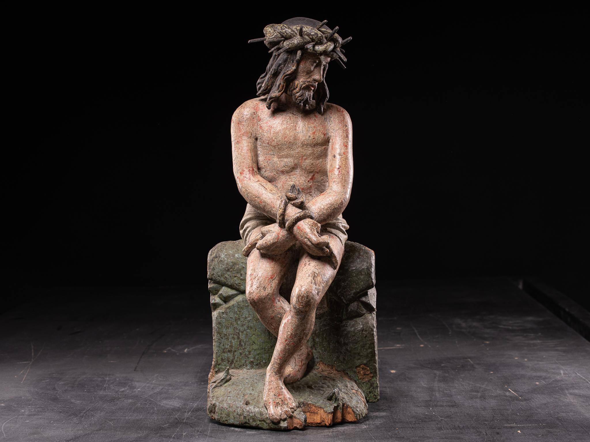 Late 16th C Polychromed wooden sculpture of Christ with the Crown of Thorns  - Art by Unknown