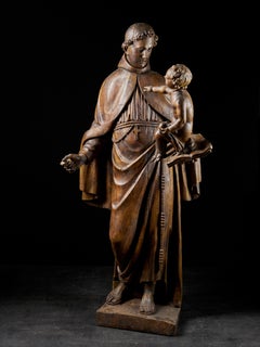 Antique Late 17th C, Baroque, Saint, Italian School, Wooden Sculpture of Saint Anthony