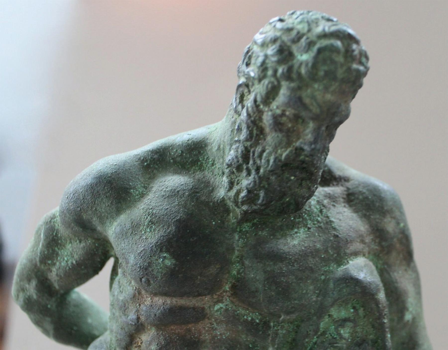 Late 18th Century Bronze Sculpture after the Farnese Hercules
Grand Tour bronze with a fine encrusted patination on a later wooden base
16 in. h., overall
12.5 in. h., bronze 
3.5 in. h., base

The Farnese Hercules is an ancient statue of Hercules,