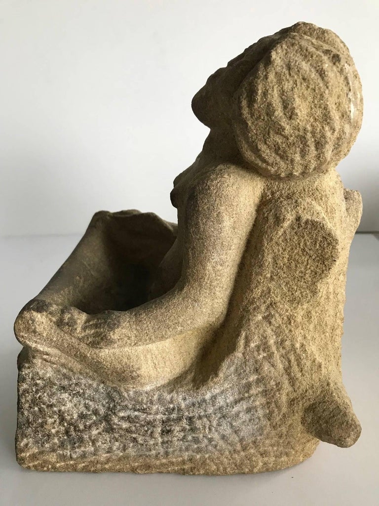 Late 19th Century Stone Carved Figure of Seated Angel - Brown Figurative Sculpture by Unknown