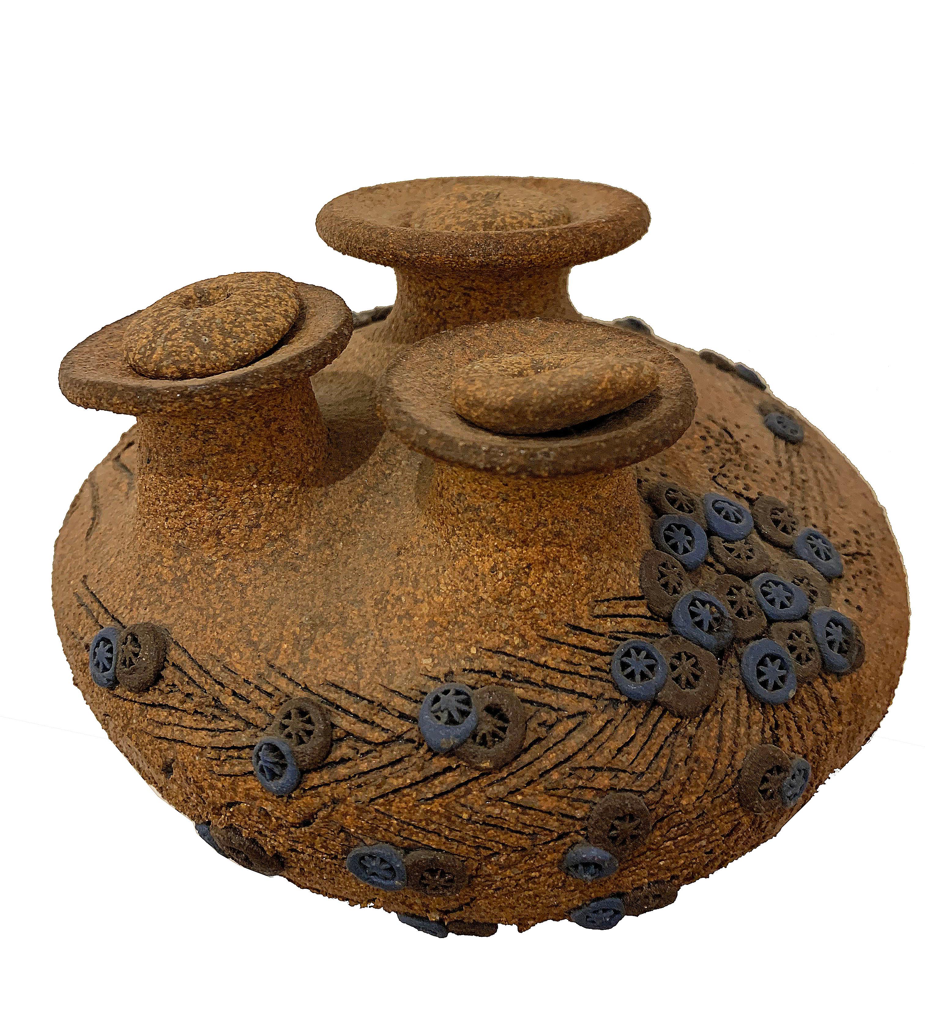 Bellissimo vaso in ceramica con coperchio. I fiori blu completano il marrone della terra.