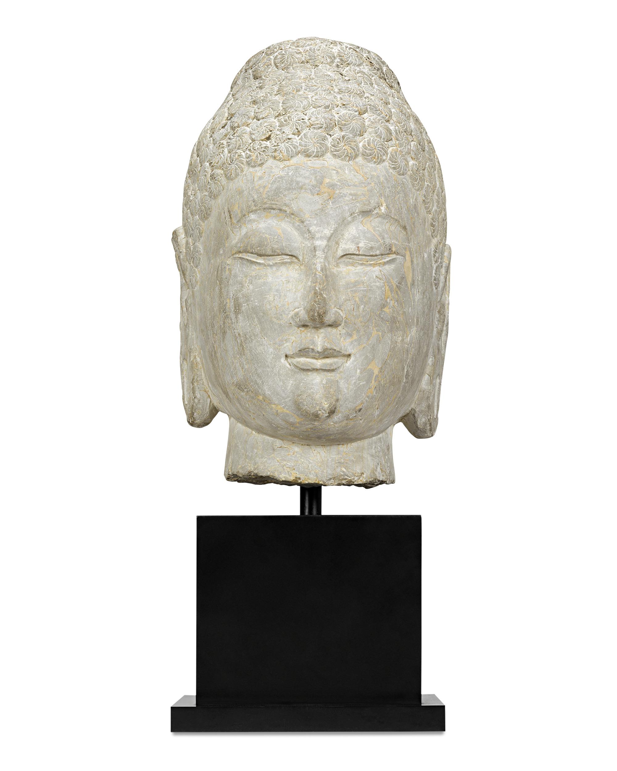 Limestone Buddha Head, 6th-Century Qi Dynasty - Sculpture by Unknown
